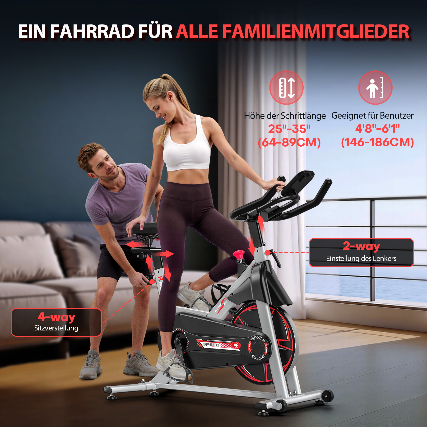 Ein Paar übt auf einem Heimtrainer. Der Mann stellt den Sitz ein, die Frau fährt.