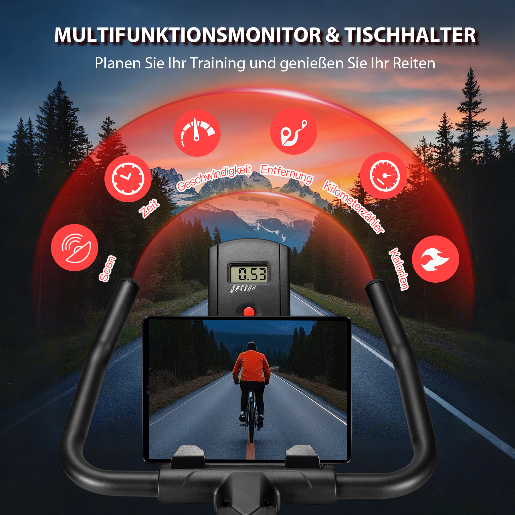 Ergometer mit Anzeige von Zeit, Geschwindigkeit, Distanz, Kalorien. Berglandschaft.