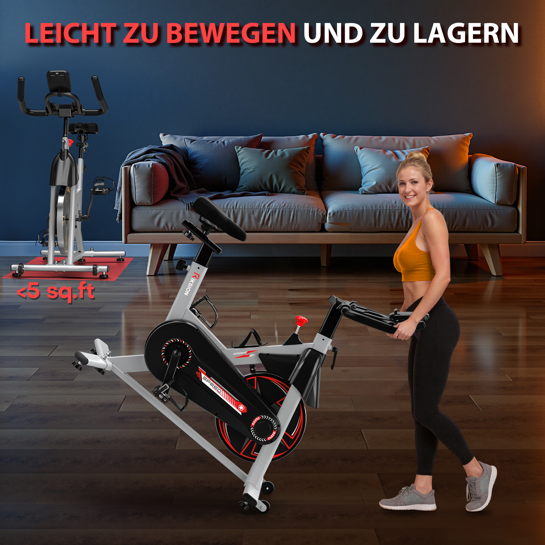 Frau schiebt ein silbernes Fahrrad mit schwarzen Akzenten in einem Wohnzimmer.