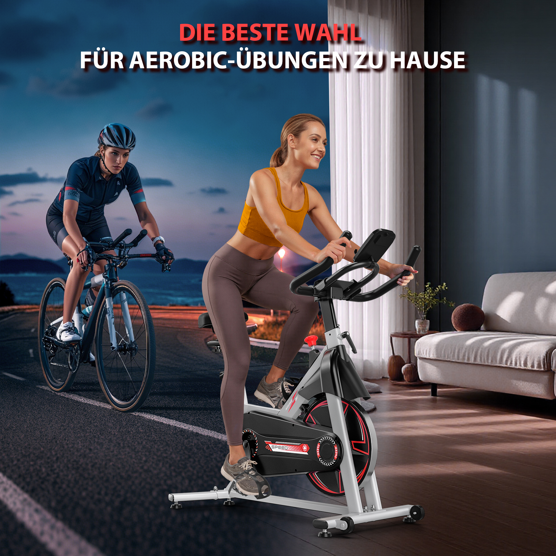 Frau auf Heimtrainer, Radfahrerin im Freien, dynamische Fitness-Szene.