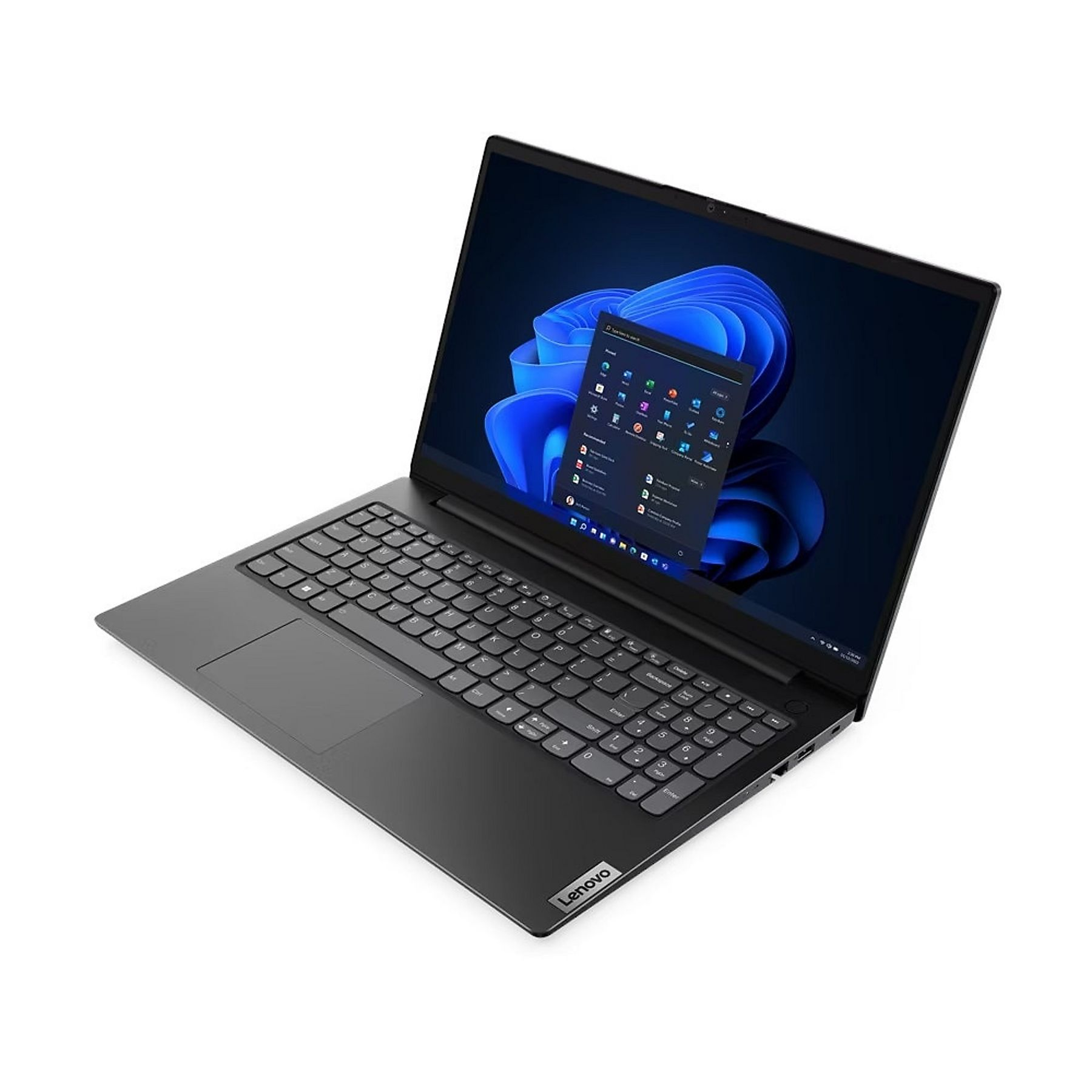Ein graues Lenovo-Laptop mit geöffnetem Bildschirm, das Windows 11 zeigt.
