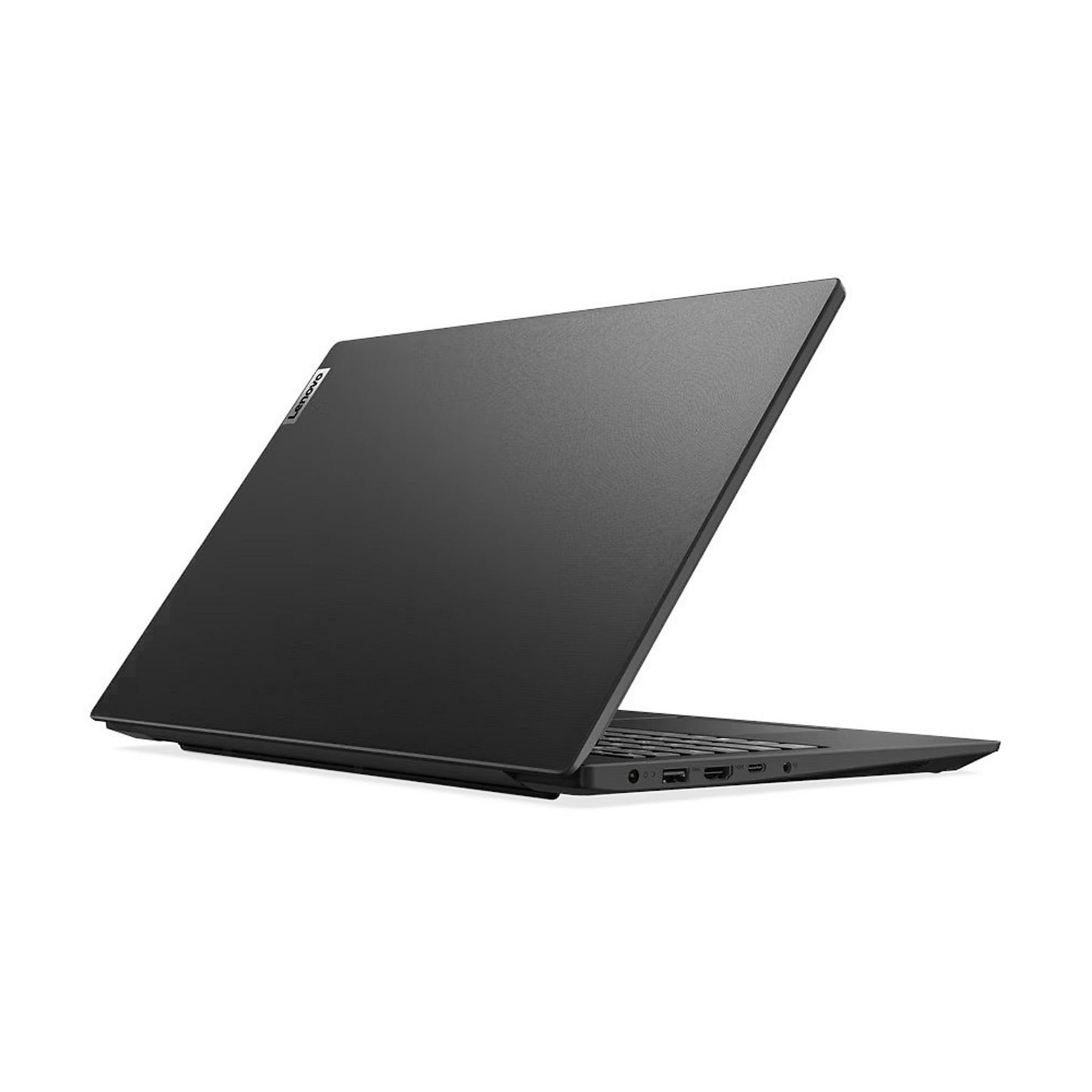 Ein geschlossener schwarzer Lenovo Laptop auf weißem Hintergrund.