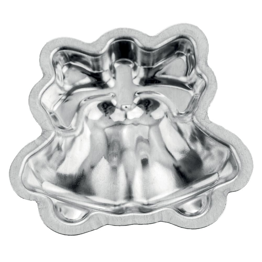 Molde de silicona plateado con forma de campana y lazo.