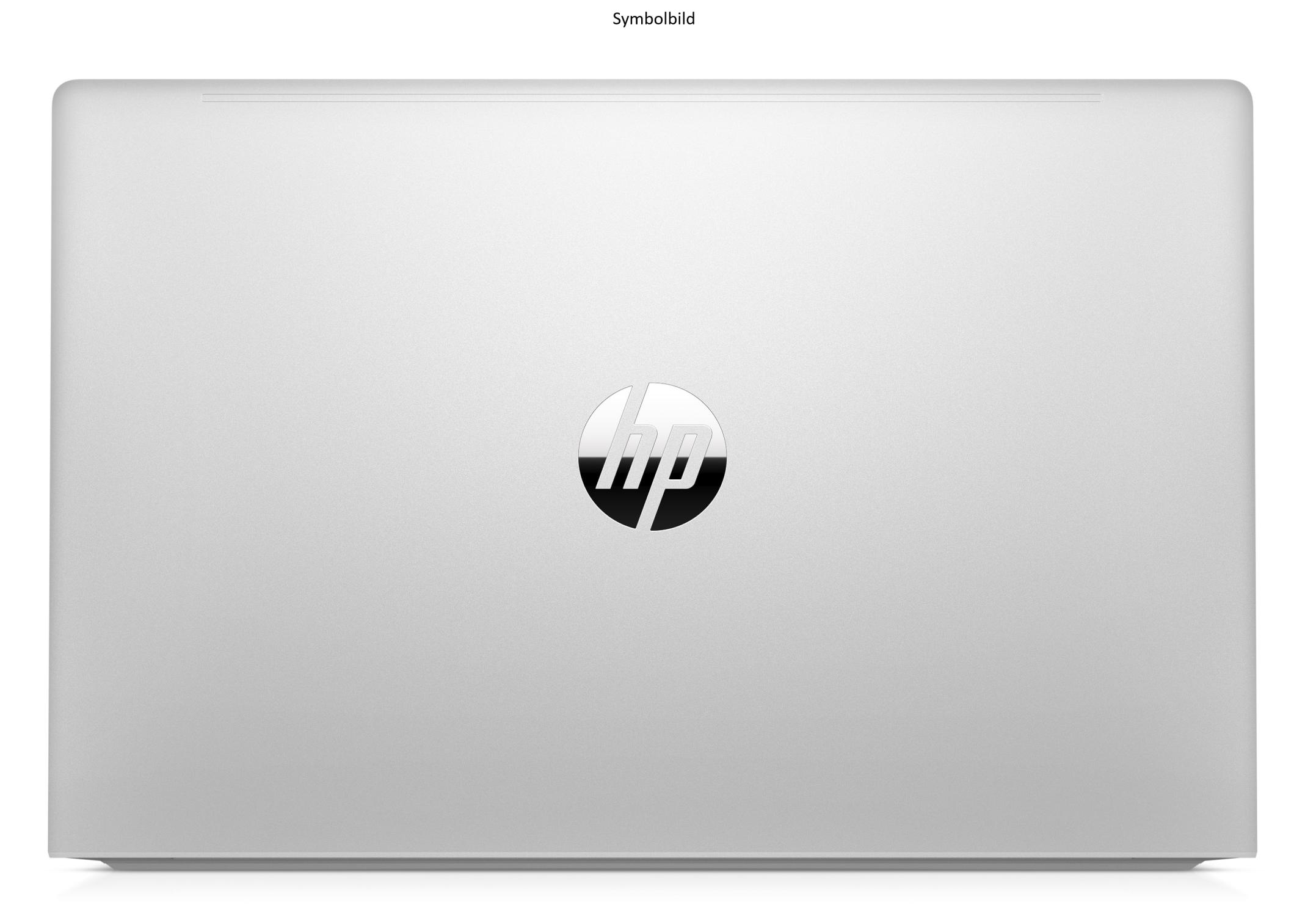 Silberner Laptop mit HP-Logo in der Mitte.