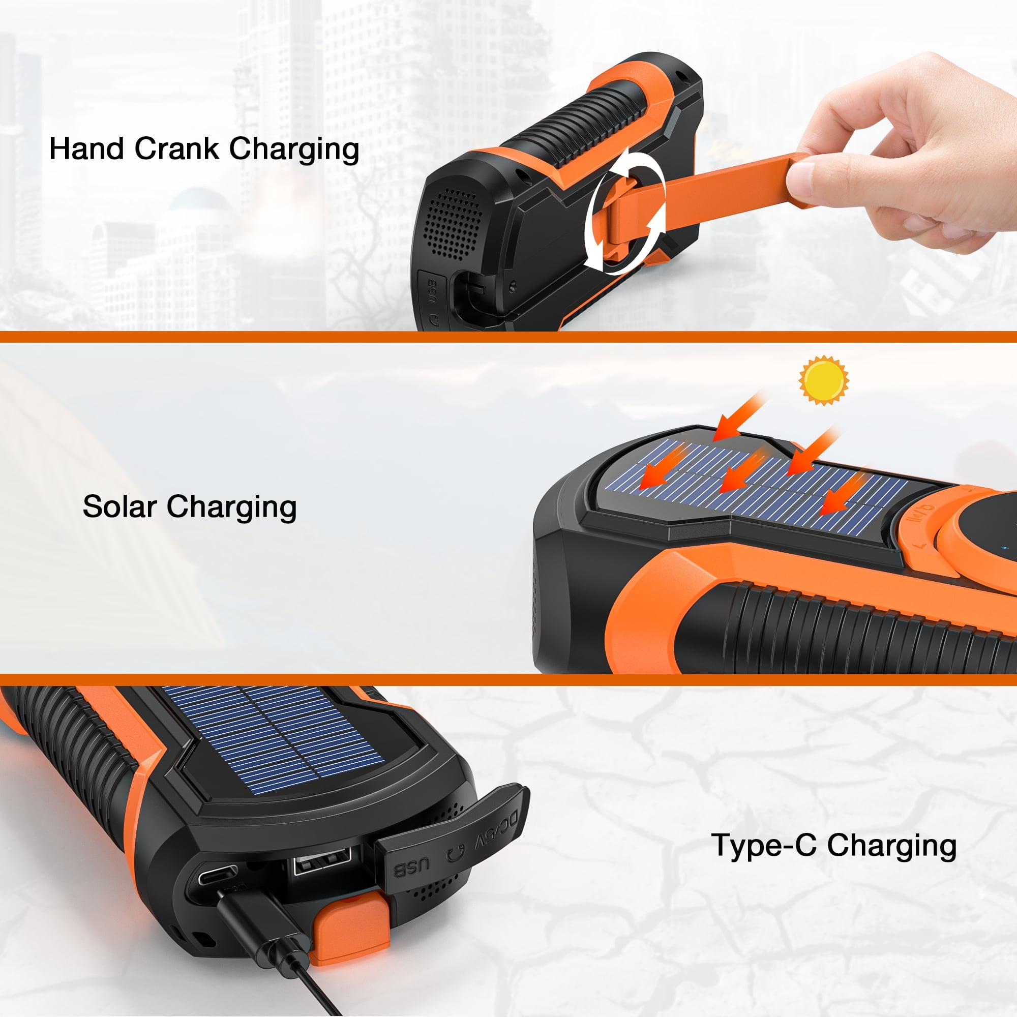 Ein oranges und schwarzes Gerät mit drei Lademethoden: Handkurbel, Solar und USB-C.