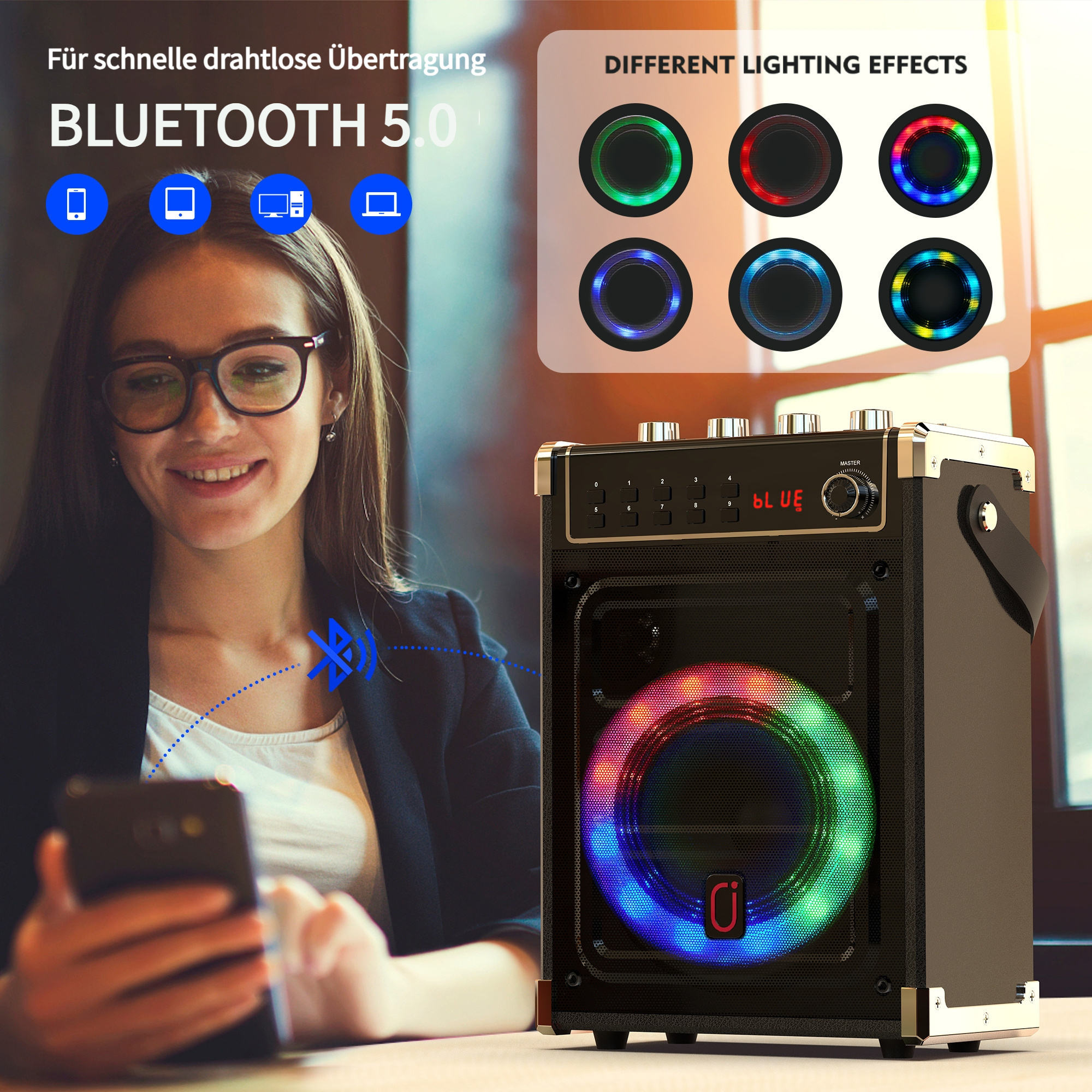 Frau mit Brille benutzt Smartphone neben Bluetooth-Lautsprecher mit bunten Lichtern.