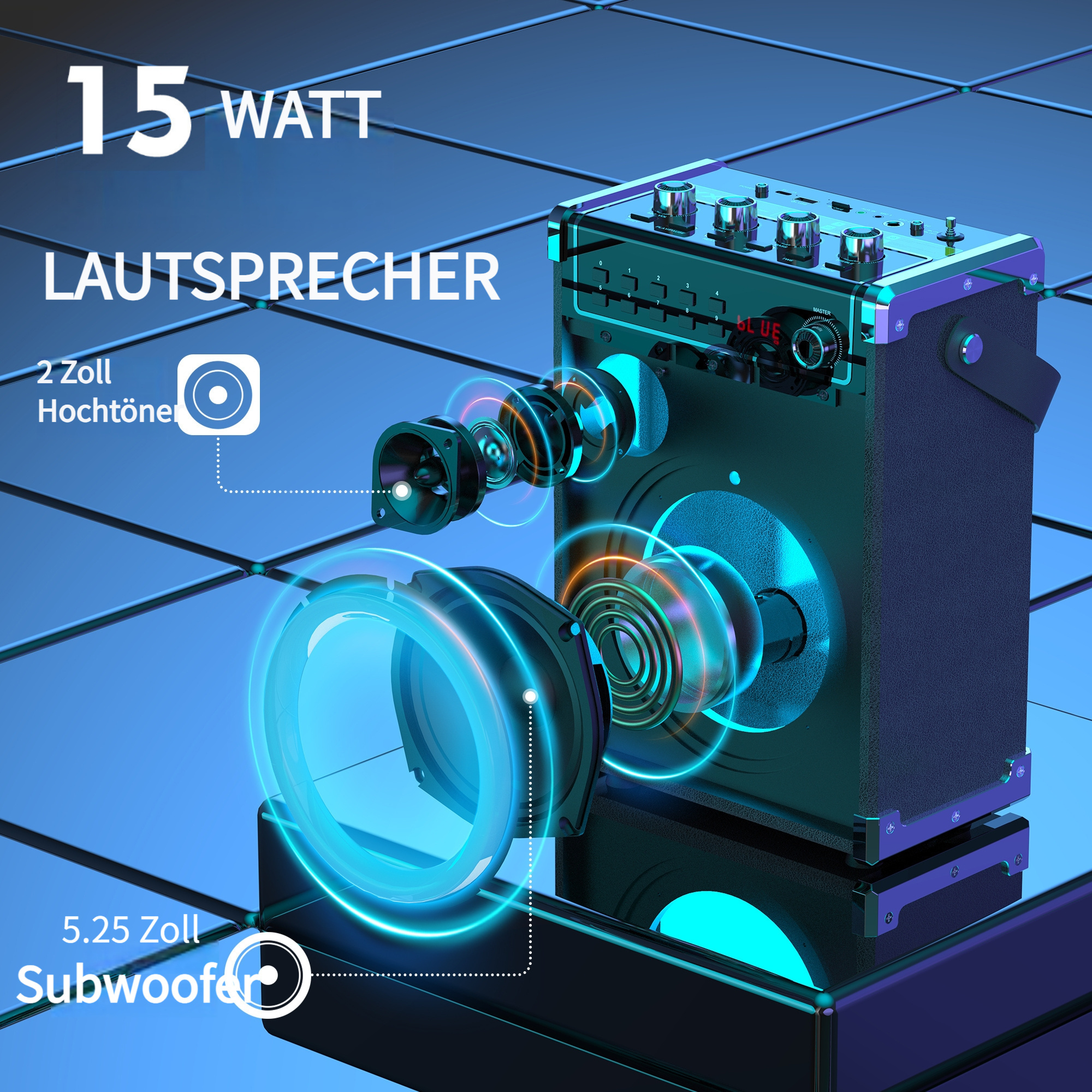 15-Watt-Lautsprecher mit 2-Zoll-Hochtöner und 5,25-Zoll-Subwoofer.
