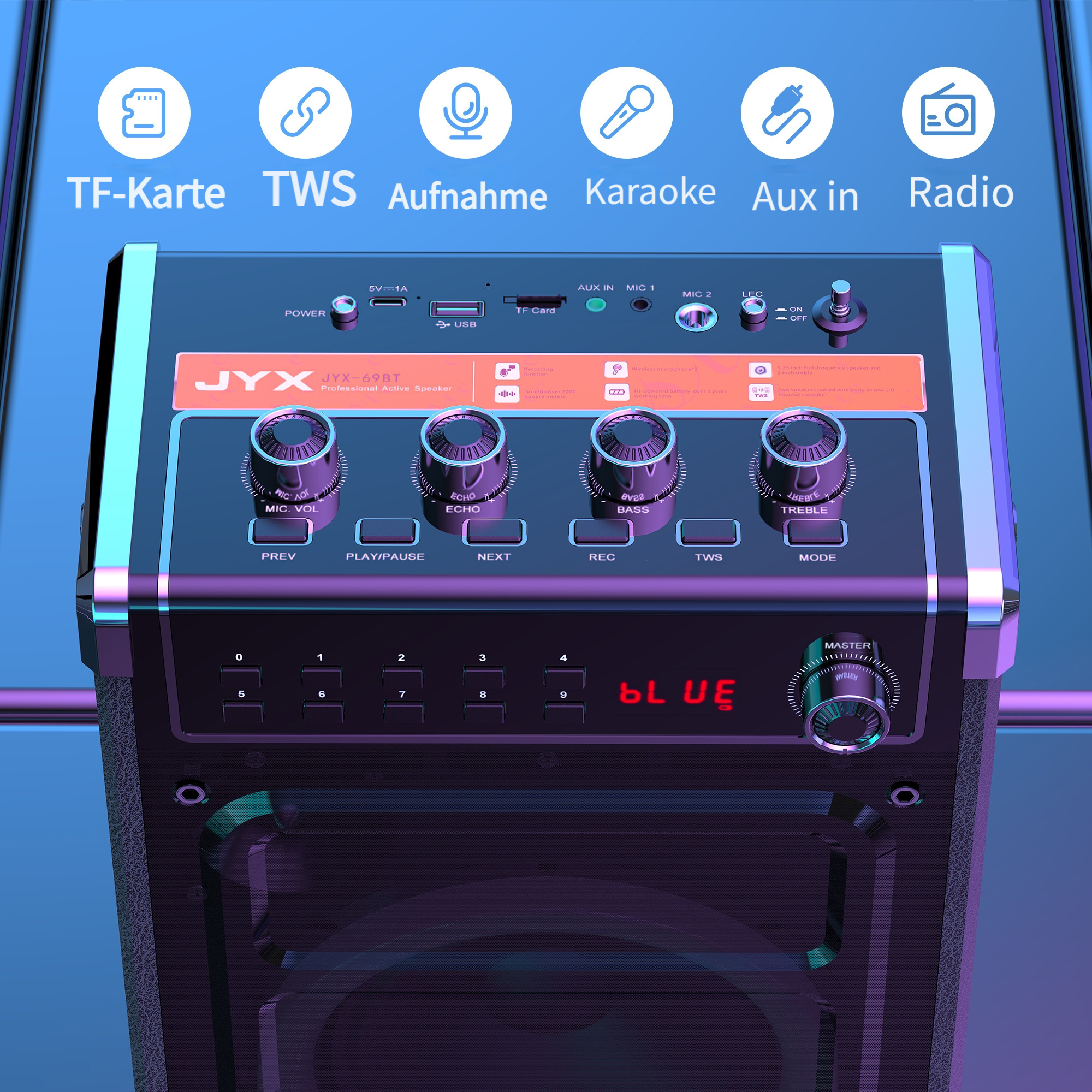 Professioneller Aktivlautsprecher mit Bedienelementen und Anzeige. Funktionen: TF-Karte, TWS, Aufnahme, Karaoke, Aux, Radio.
