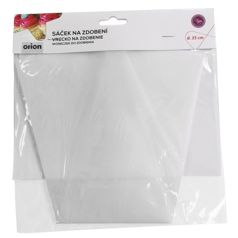 Una manga pastelera blanca Orion, de 35 cm, con información del producto.
