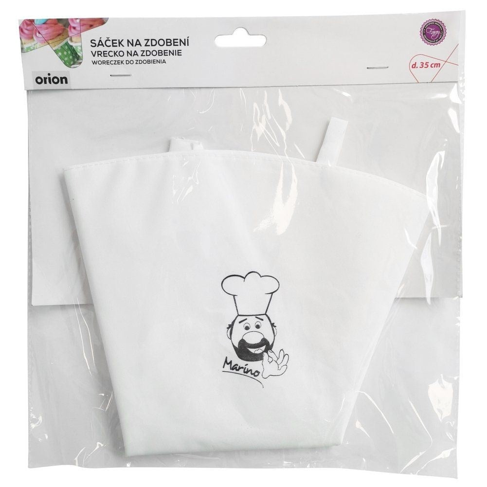 Manga pastelera blanca con gráfico de chef, logo Orion y tamaño 35 cm.