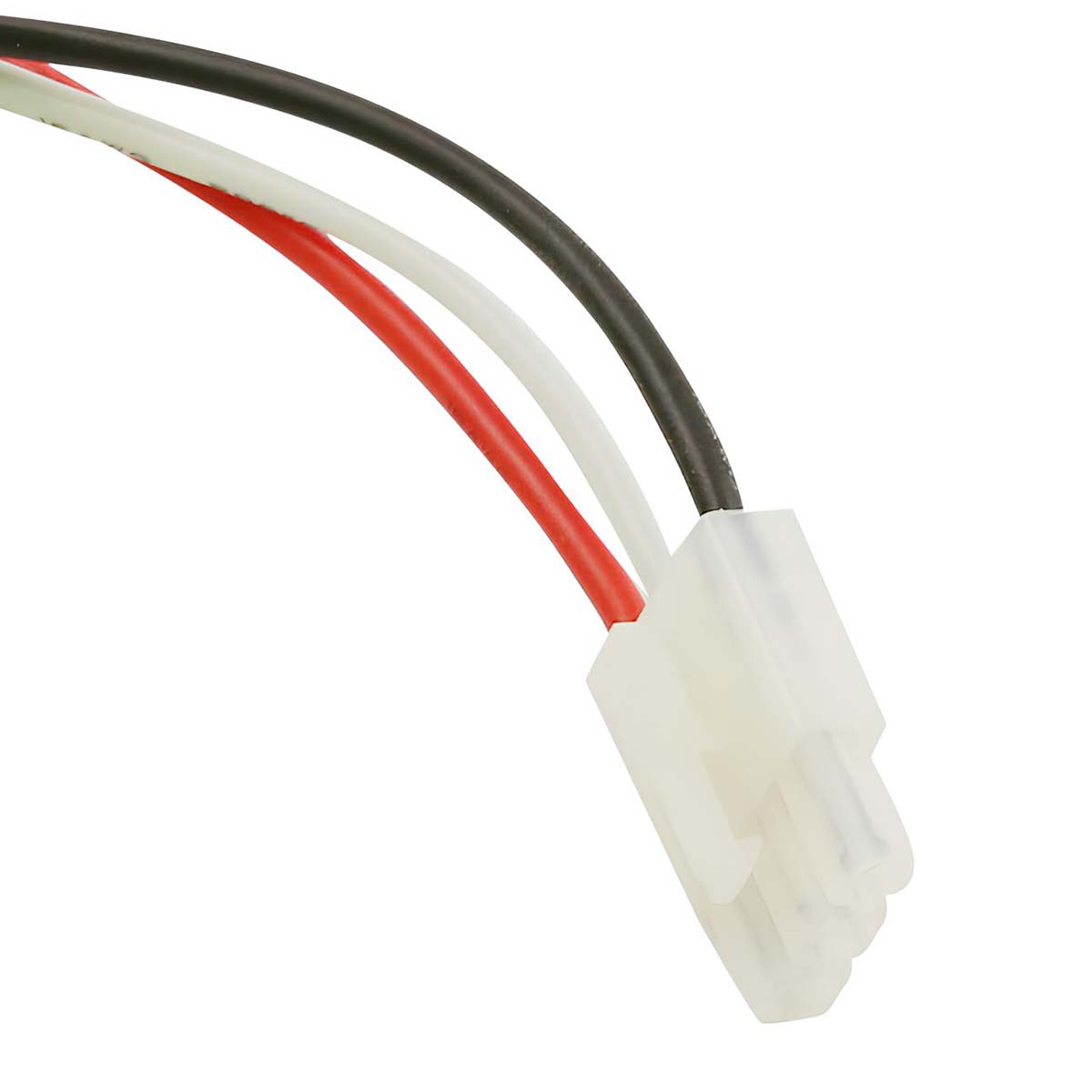 Ein weißer Stecker mit drei Kabeln: rot, weiß und schwarz.