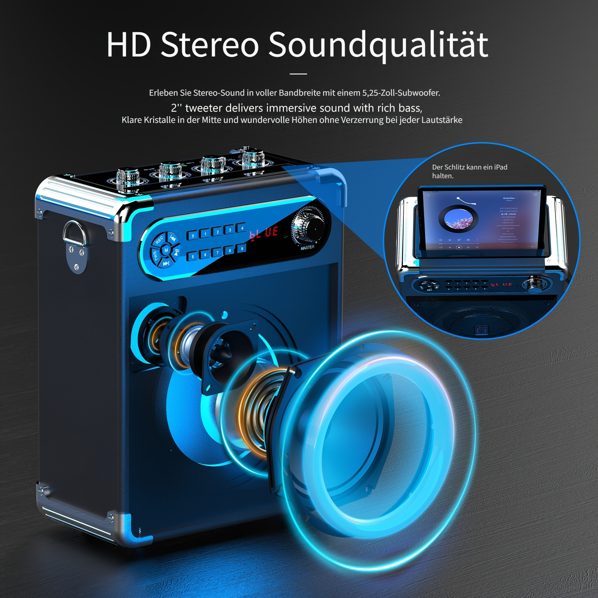 Ein blauer Lautsprecher mit detaillierter Ansicht des Woofers und einem Tablet.