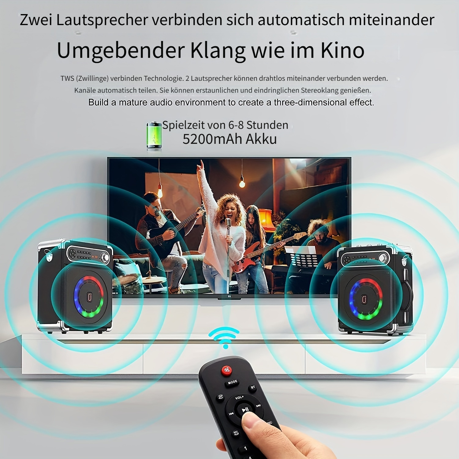 Zwei Lautsprecher mit Farb-LEDs, Fernbedienung und einem TV mit Band.