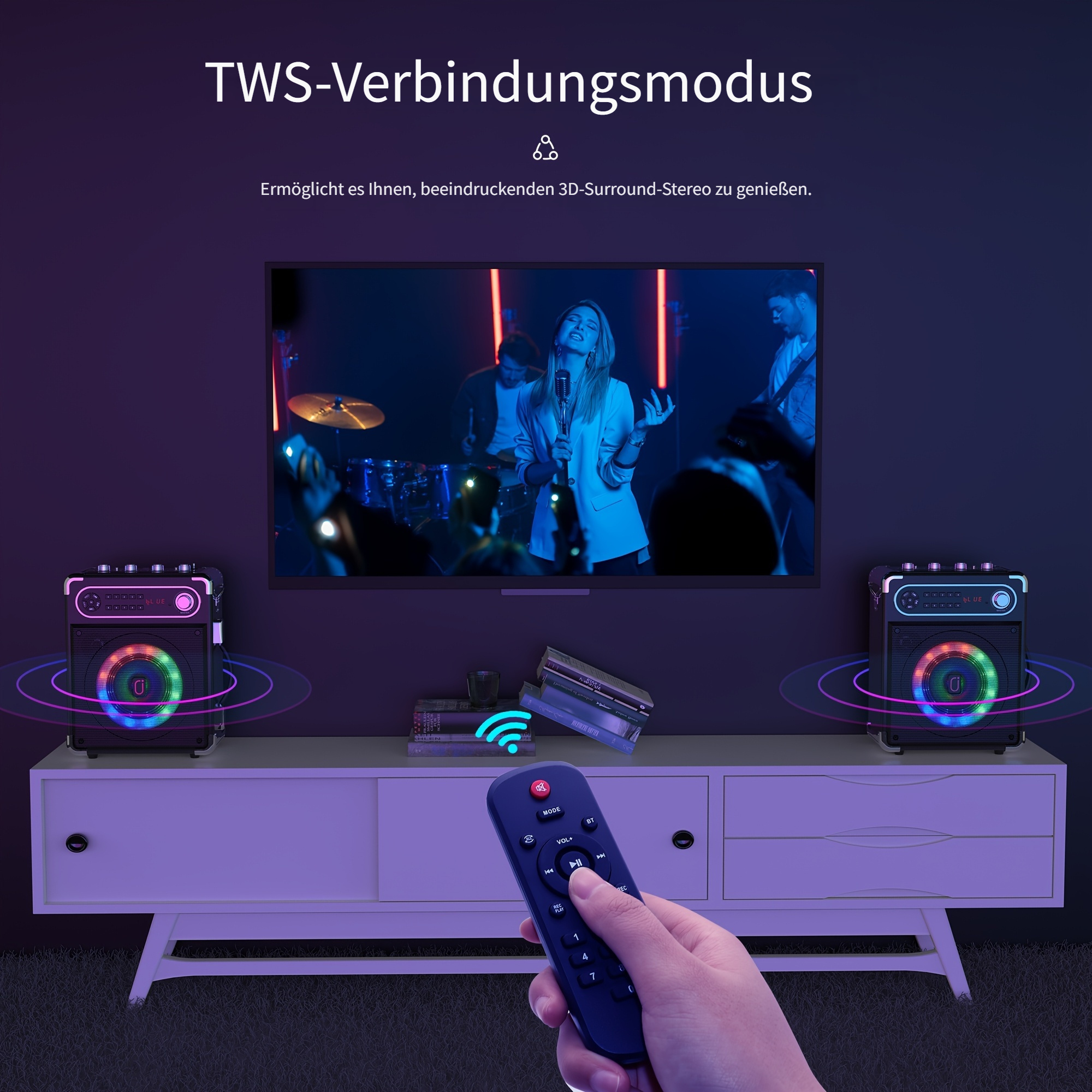 Zwei Bluetooth-Lautsprecher mit bunten Lichtern, verbunden mit einem Fernseher, der eine Band zeigt.