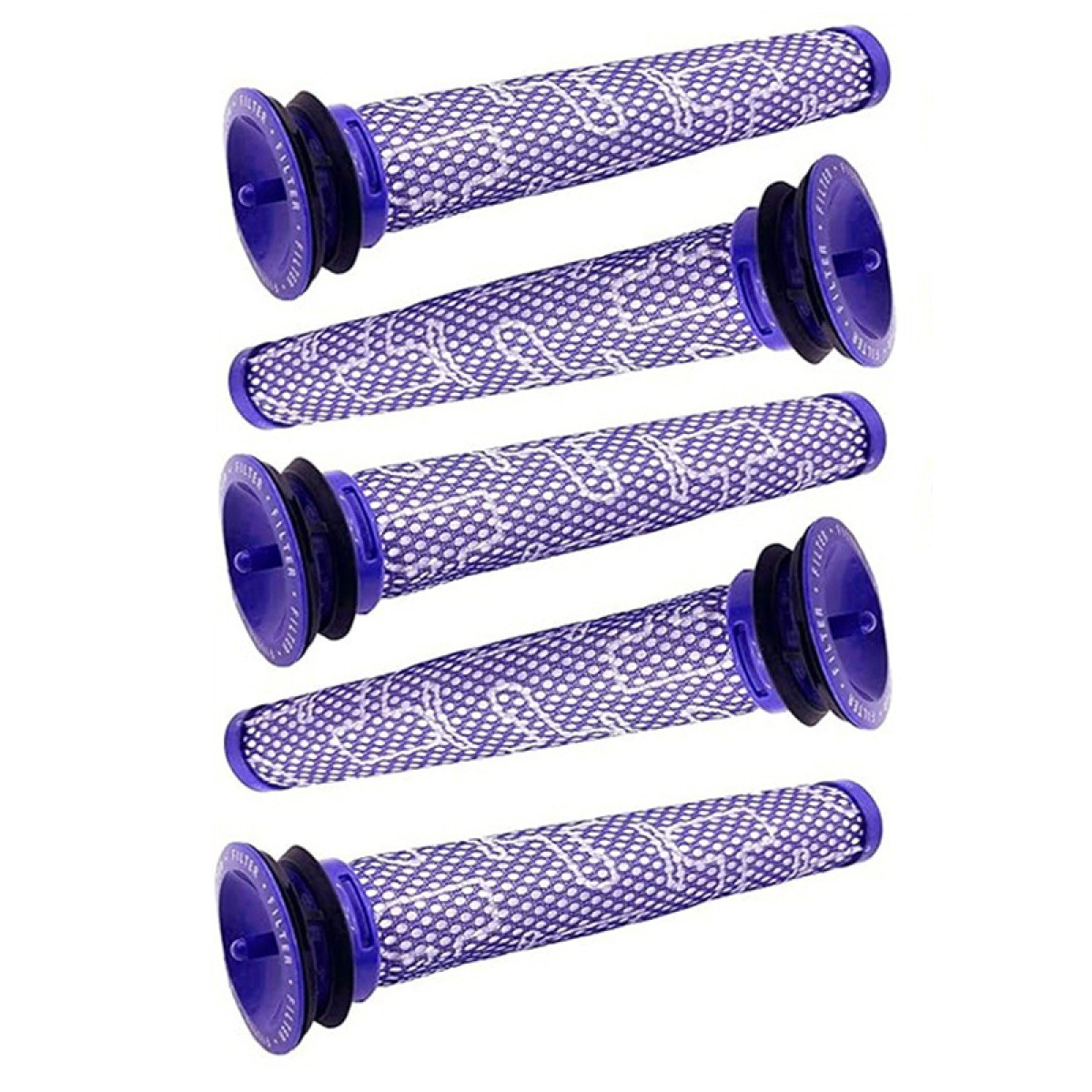 Pięć fioletowych filtrów do odkurzacza z białym wzorem na białym tle.