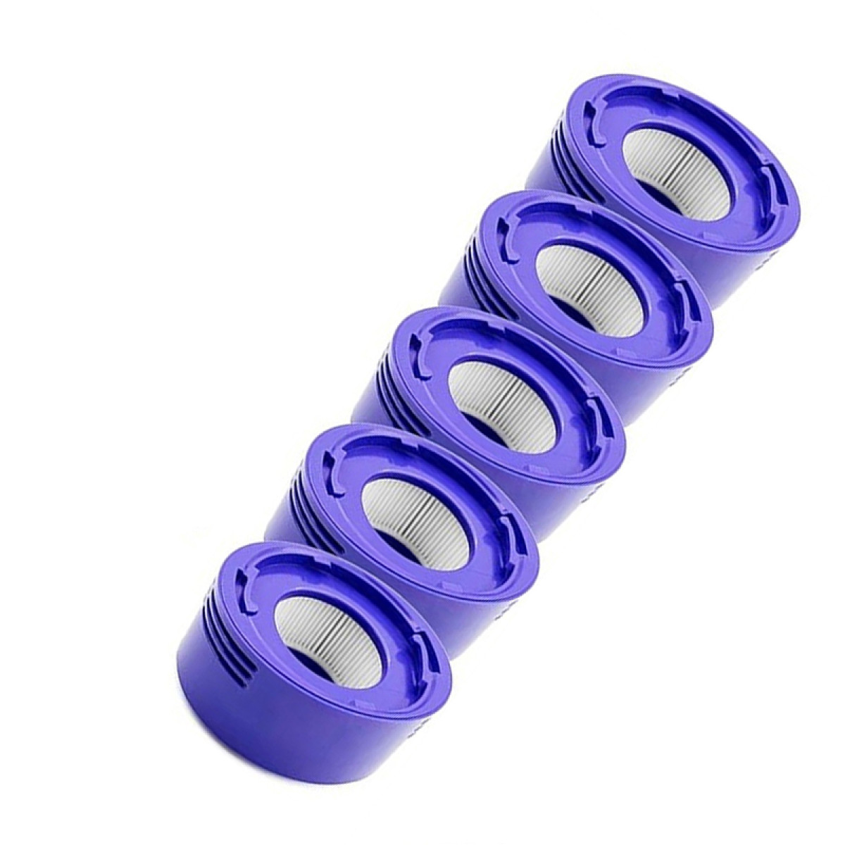 Pięć fioletowych filtrów do odkurzacza ustawionych w rzędzie na białym tle.