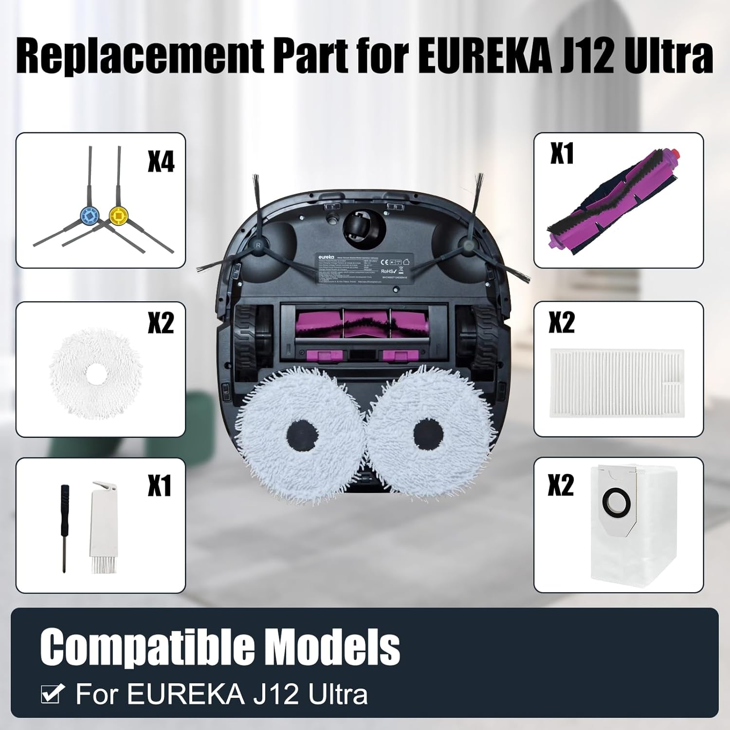 Części zamienne do Eureka J12 Ultra: szczotki boczne, mopy, szczotka główna, filtr, worek.