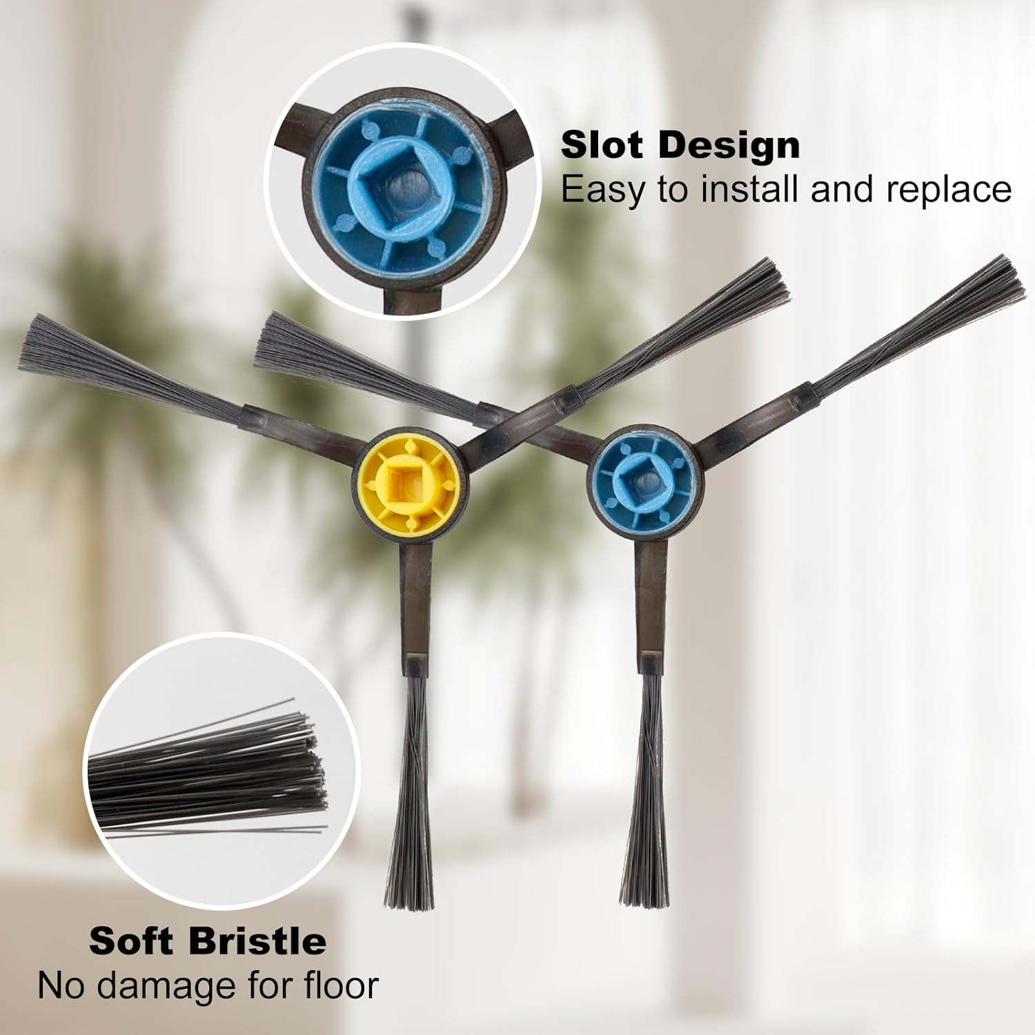 Dwie szczotki boczne odkurzacza robota z żółtymi i niebieskimi złączami. Zbllżenla pokazują włosie i konstrukcję szczelinową.