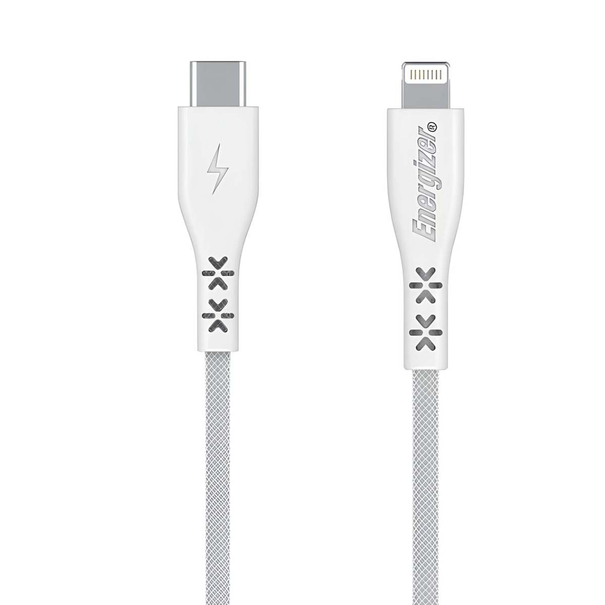 Due cavi di ricarica bianchi, uno USB-C e uno Lightning, su sfondo bianco.