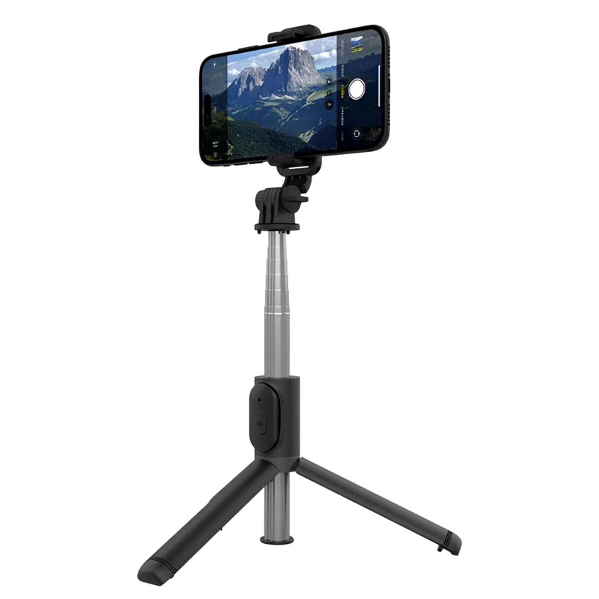 Ein silberner Selfie-Stick mit Stativfuß und einem Smartphone, das ein Bergpanorama zeigt.