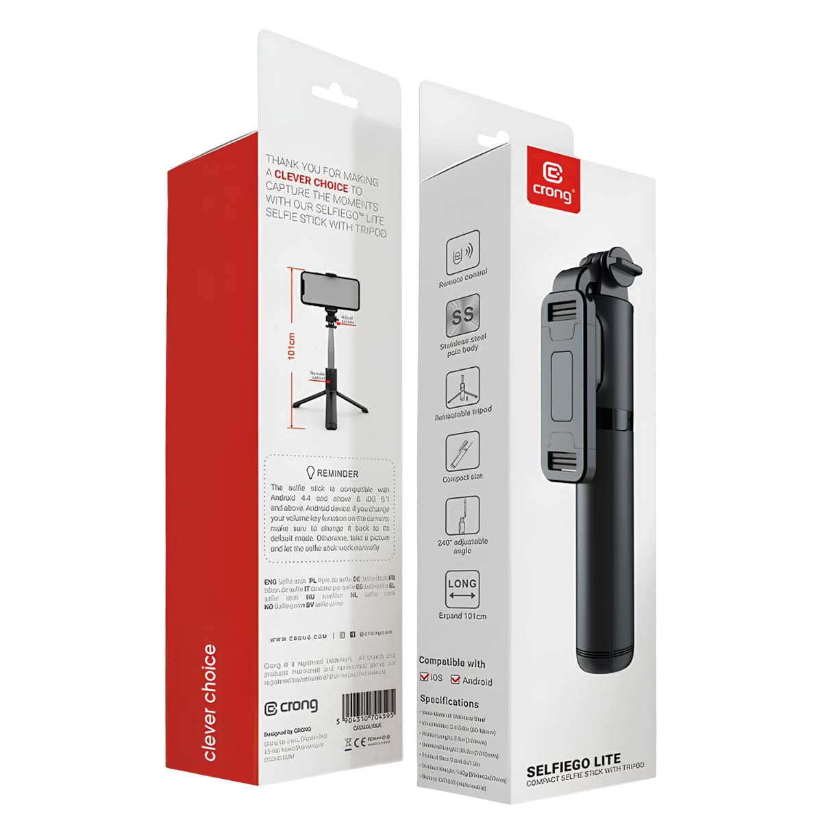 Ein schwarzer Selfie-Stick mit Stativ und Fernbedienung.