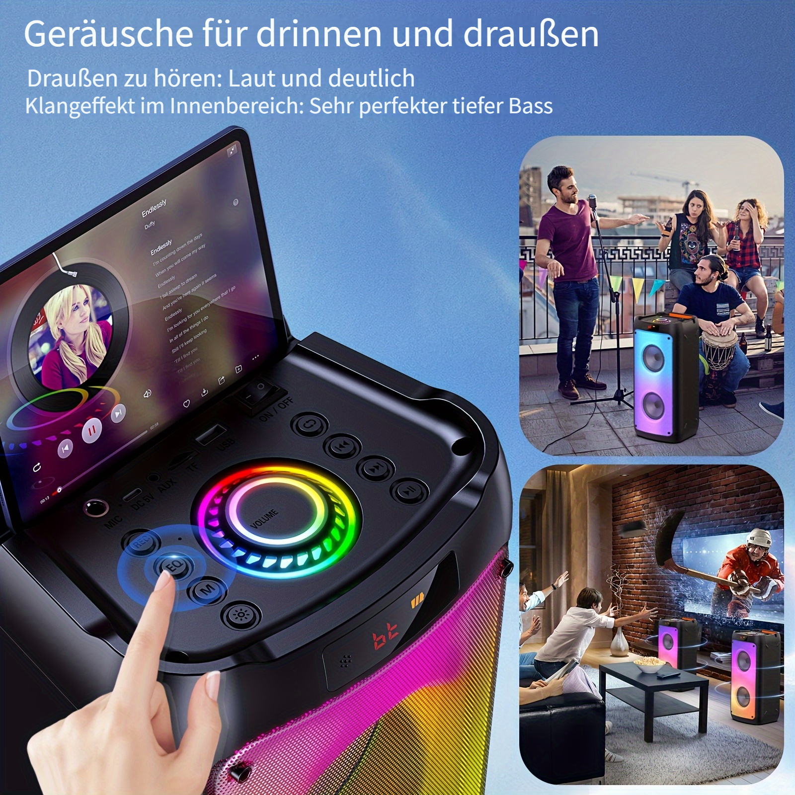 Ein Lautsprecher mit beleuchtetem Lautstärkeregler und einem Tablet.