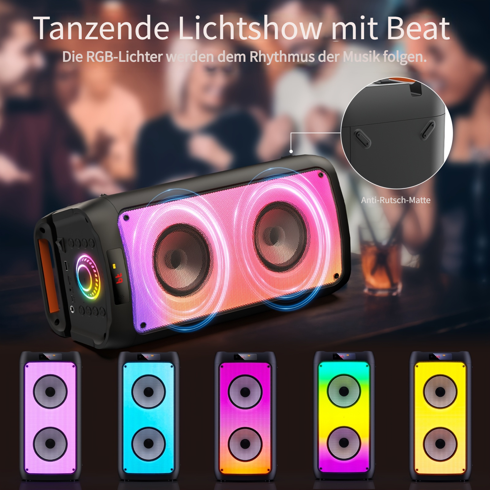 Ein tragbarer Lautsprecher mit RGB-Lichtern und zwei Lautsprechern.