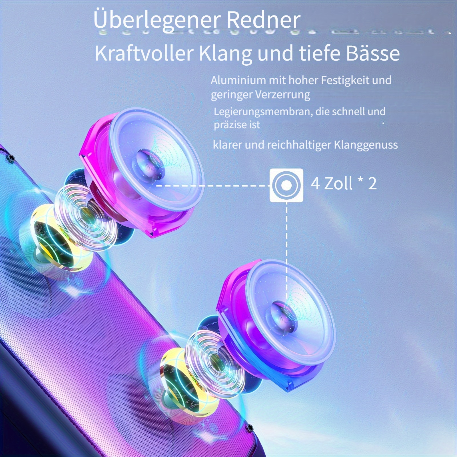 Zwei leuchtende Lautsprecher mit lila und blauen Akzenten auf einem violetten Gitter.