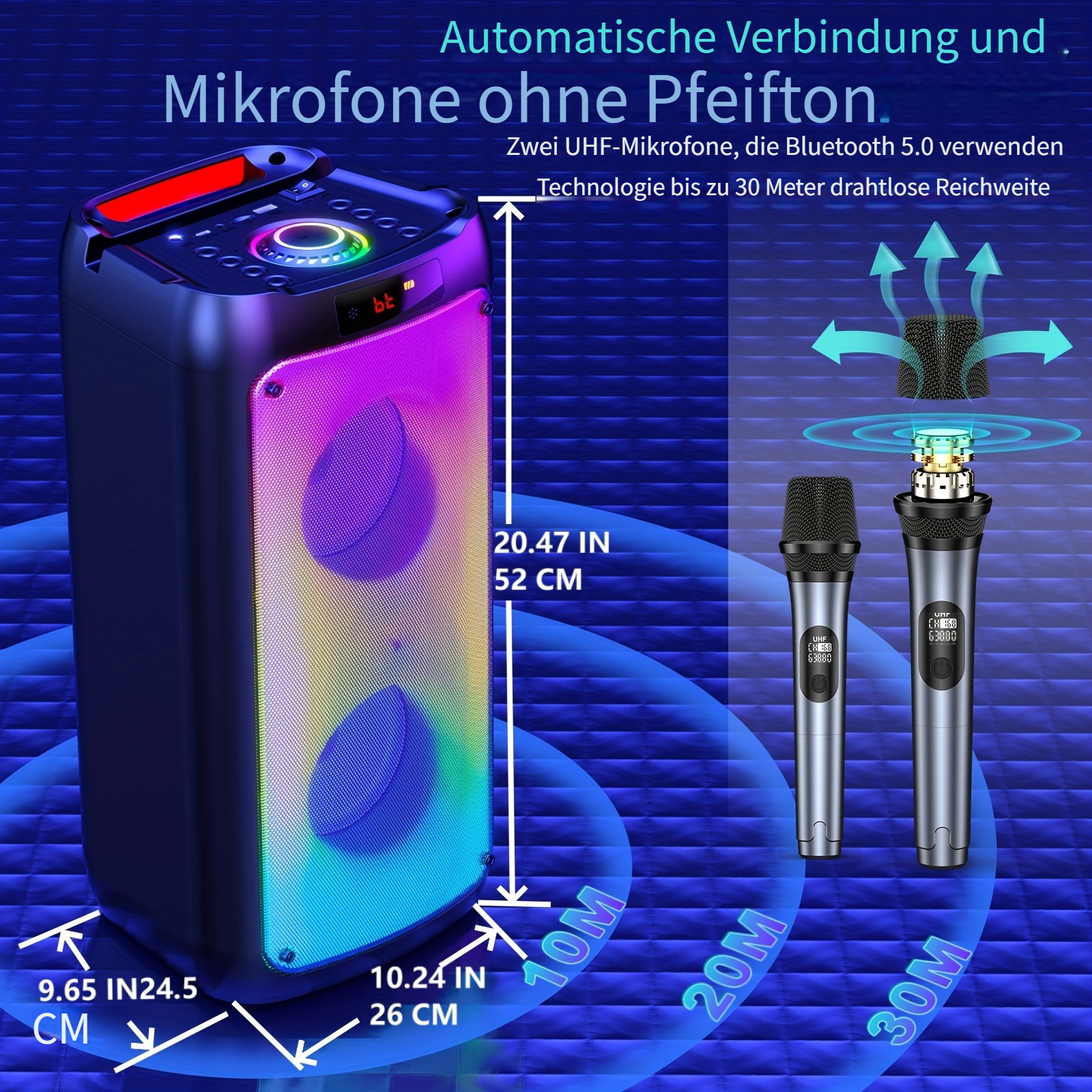 Lautsprecher mit bunten Lichtern und zwei Mikrofonen. Maße angegeben.