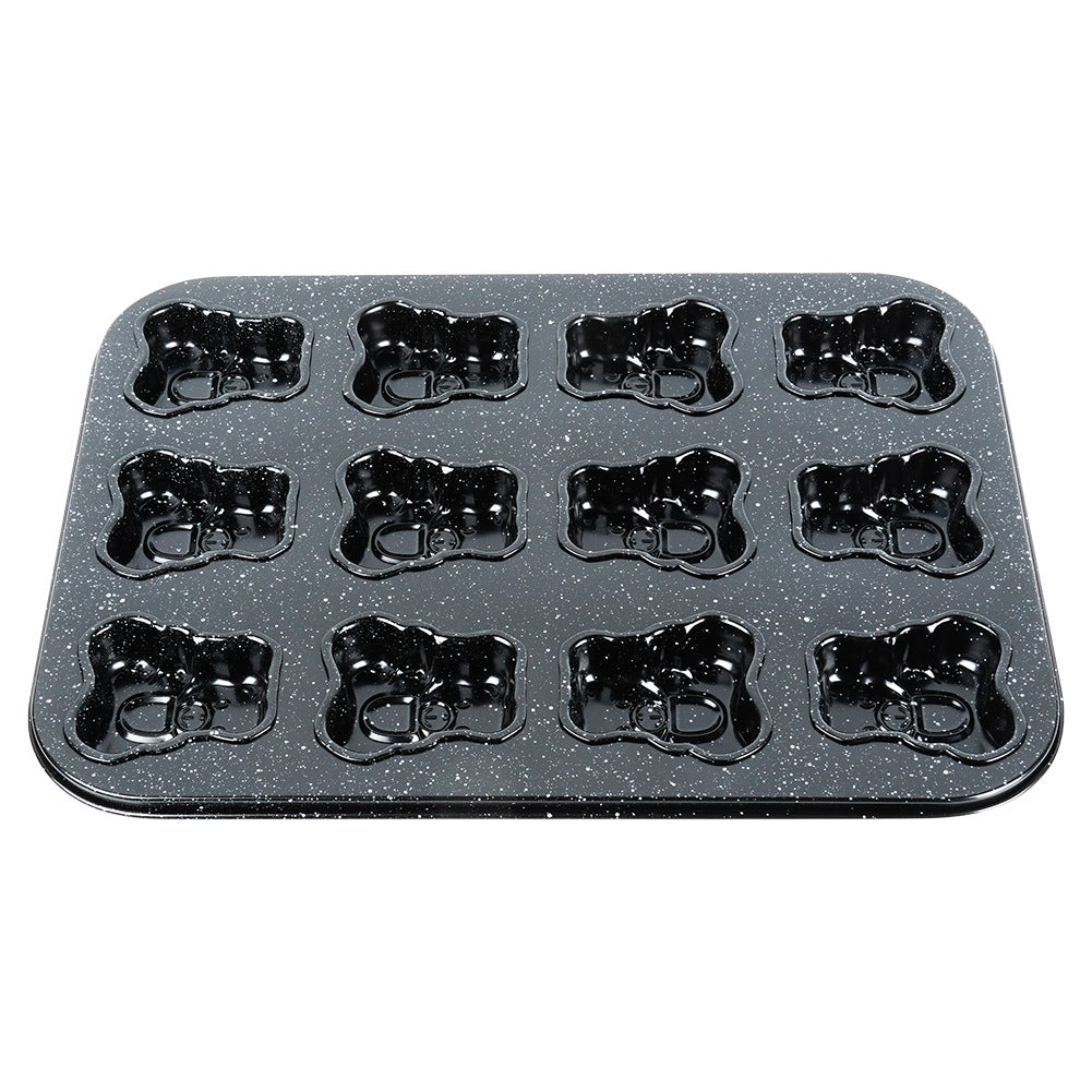 Molde negro brillante para hornear con 12 hendiduras en forma de hueso.