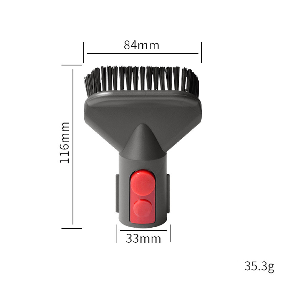 Grauer Staubsaugeraufsatz mit roten Knöpfen, 116mm lang, 84mm breit.