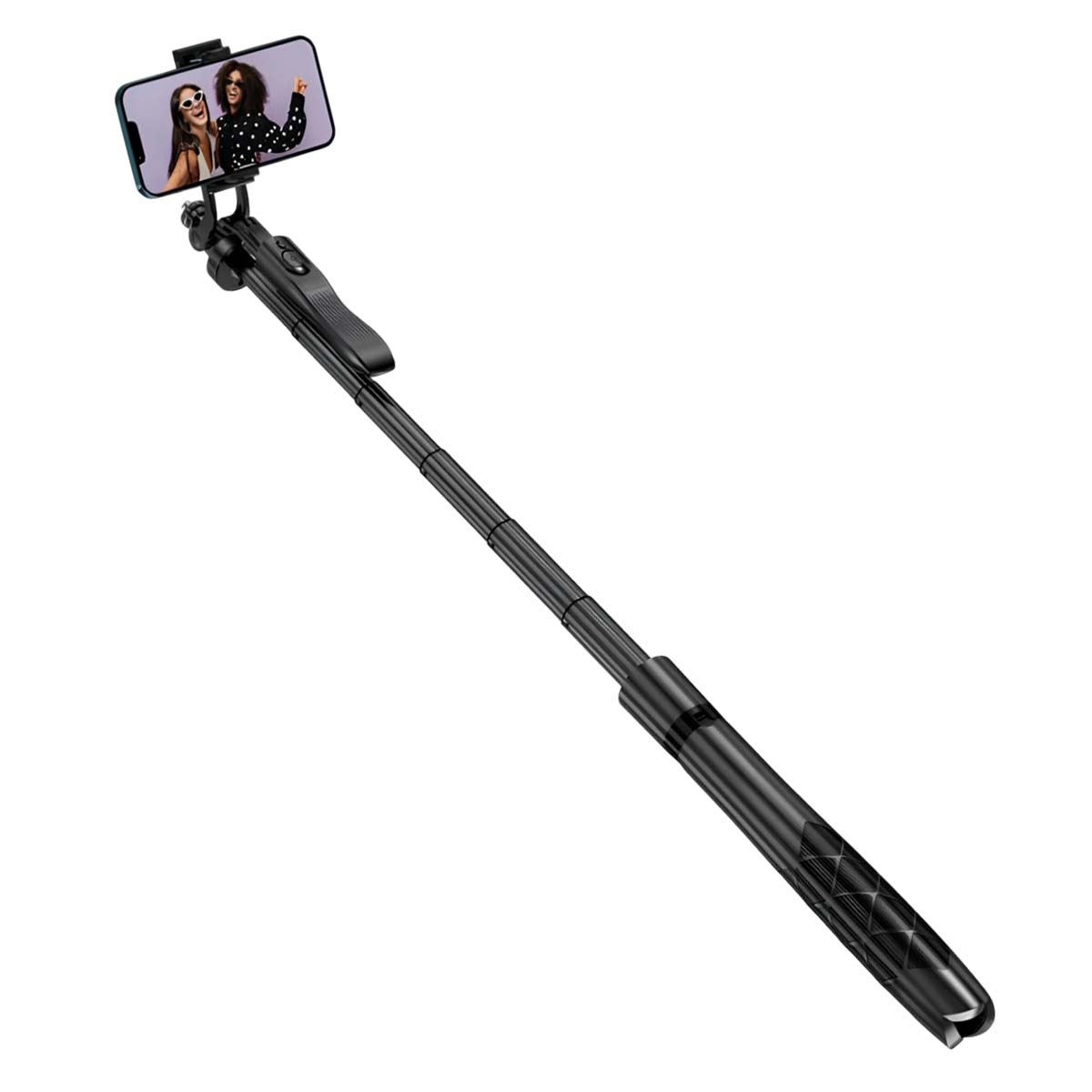 Bastone selfie nero con braccio esteso e smartphone che mostra due persone.