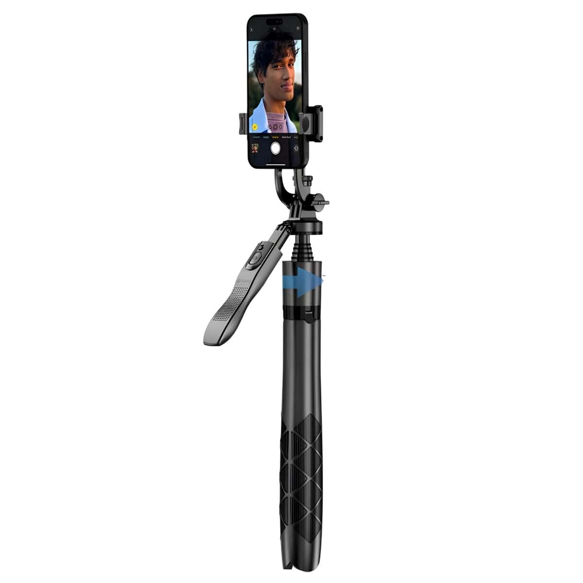 Un selfie stick nero tiene un telefono che mostra un ritratto.