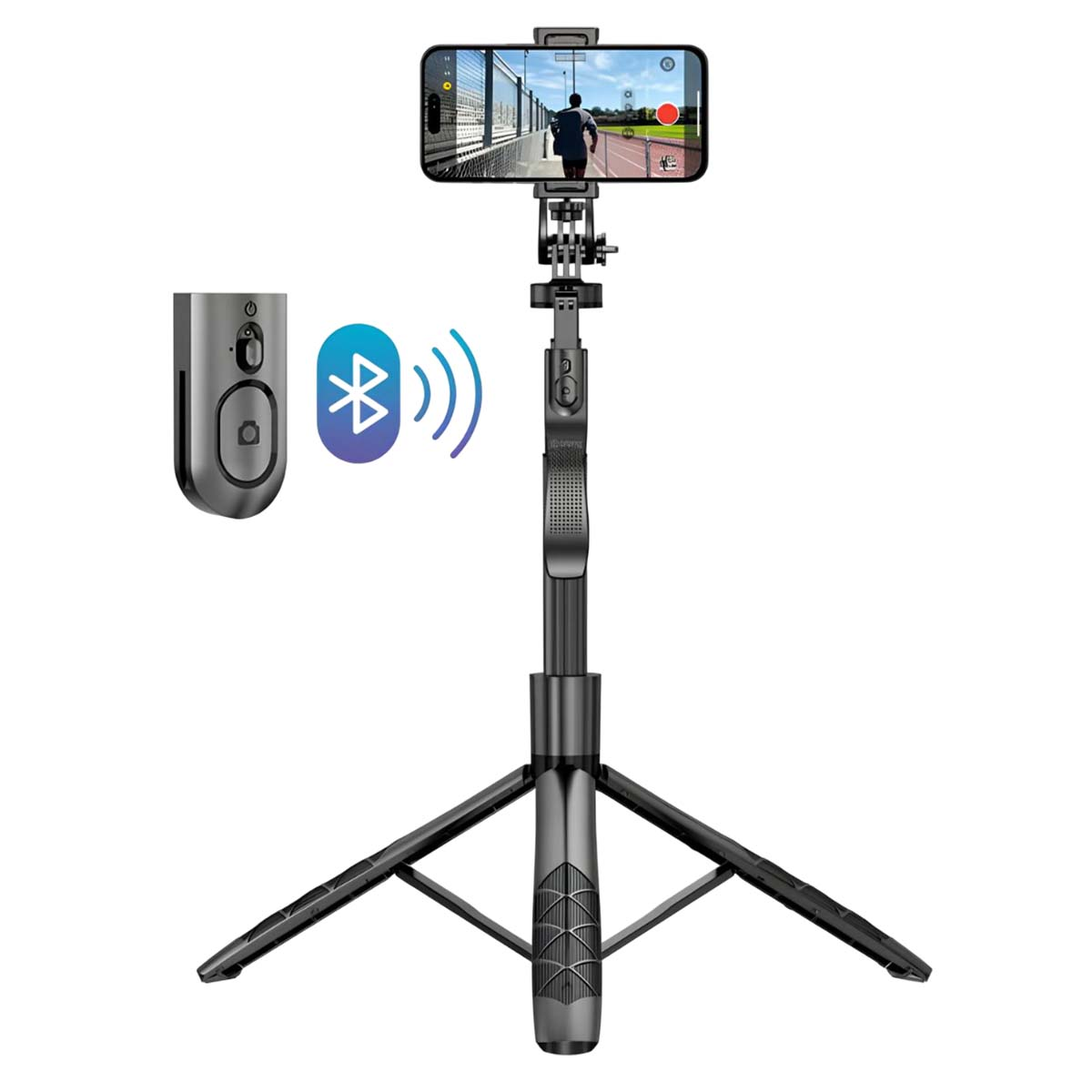 Viene mostrato un selfie stick nero con treppiede e telecomando.