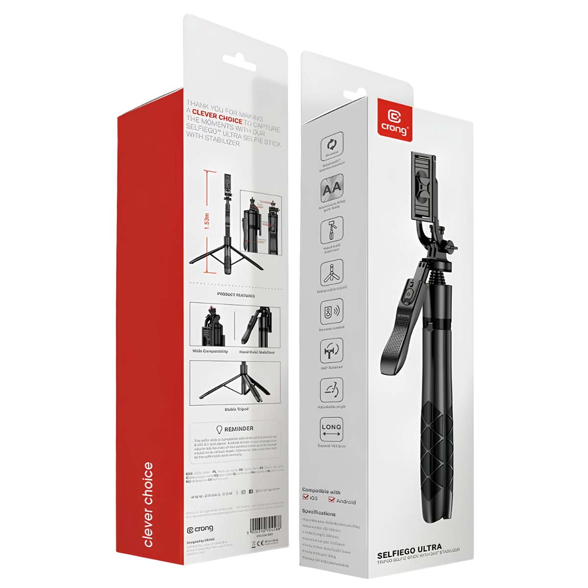 Confezione di un selfie stick nero con stabilizzatore, adatto per iOS e Android.