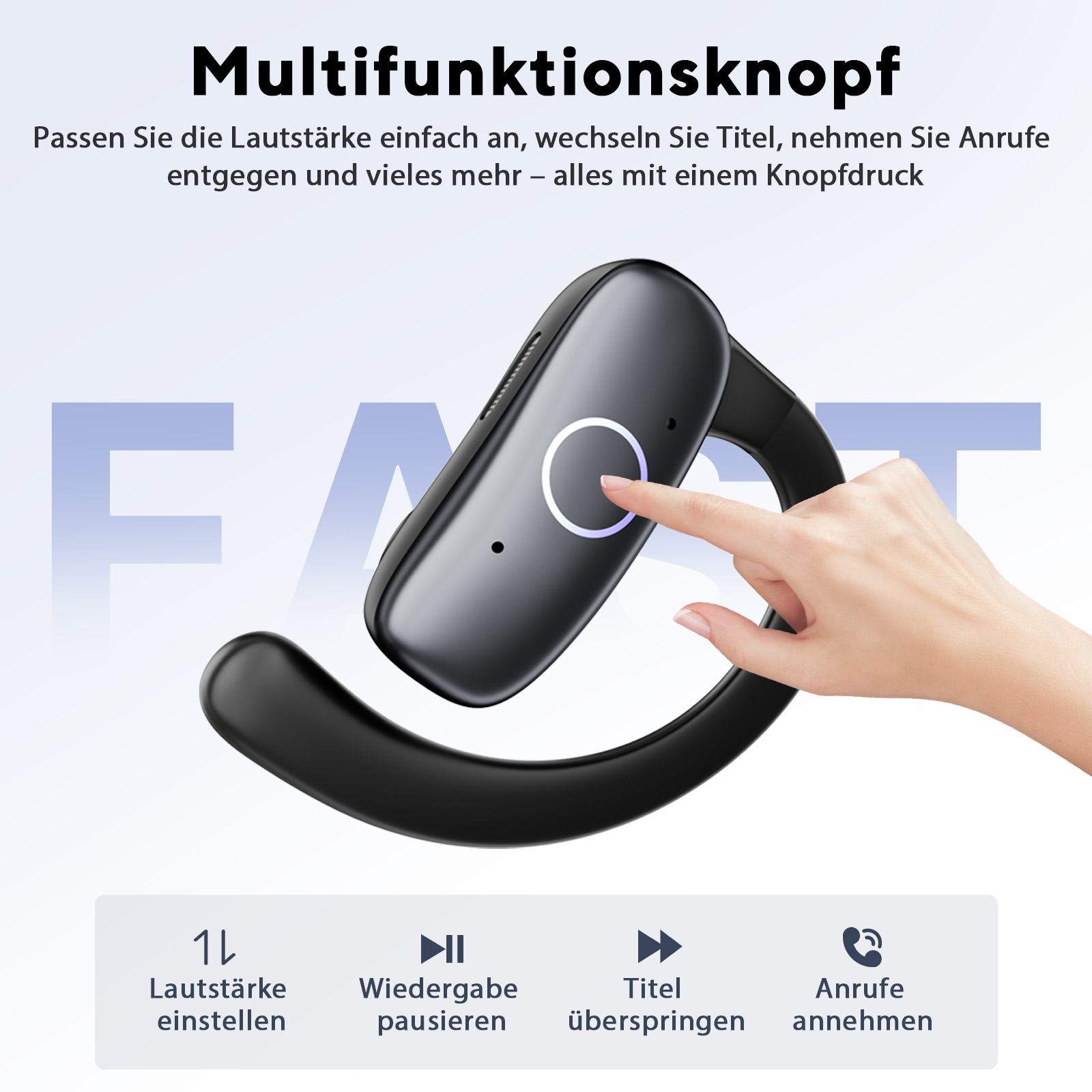 Finger drückt auf Multifunktionsknopf eines schwarzen Kopfhörers.