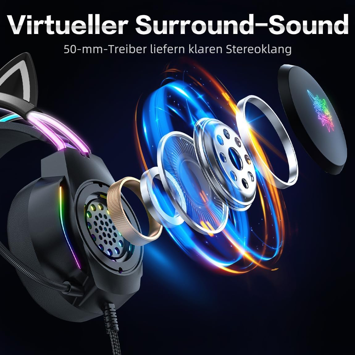 Explodierte Ansicht eines Gaming-Headsets mit leuchtenden Lichtern und Audiokomponenten.