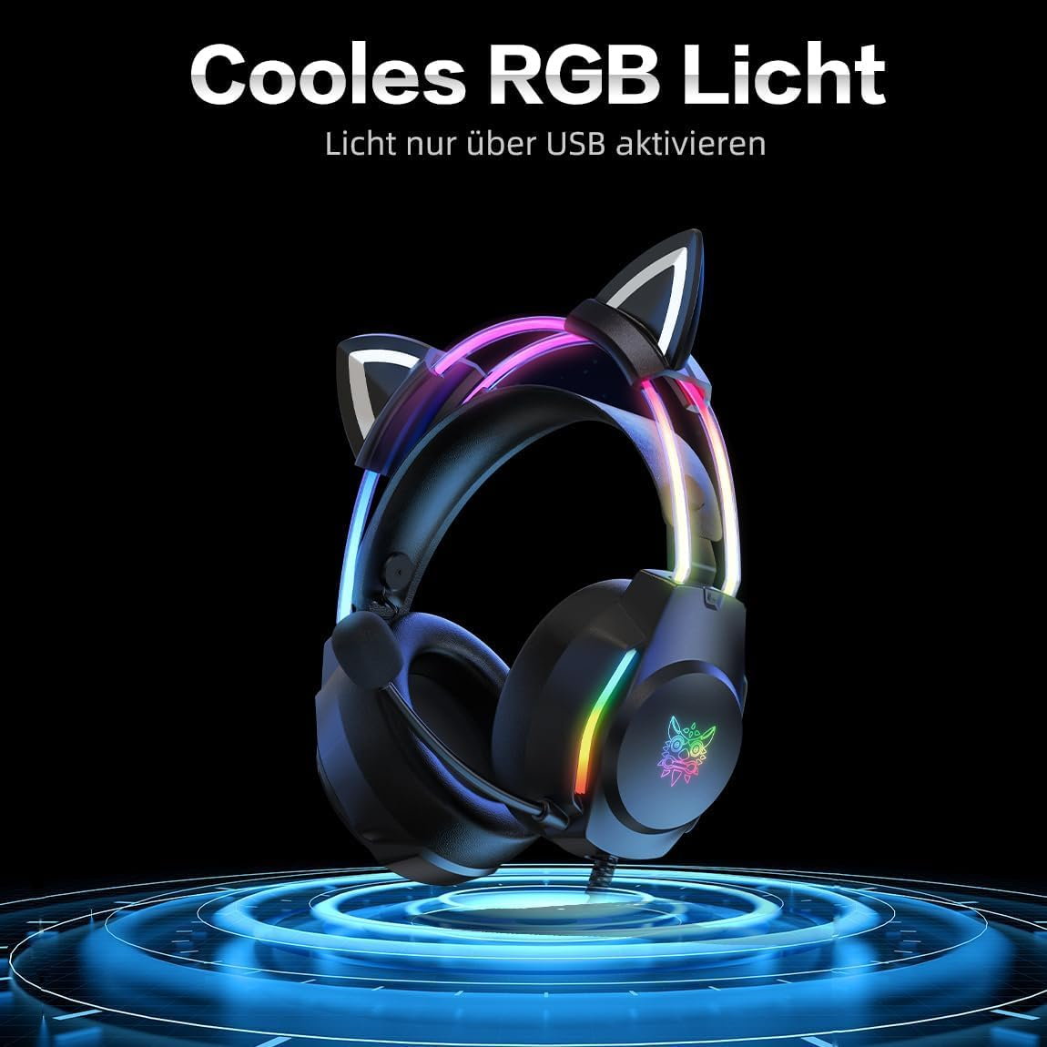 Schwarze Kopfhörer mit Katzenohren und RGB-Beleuchtung leuchten auf schwarzem Hintergrund.