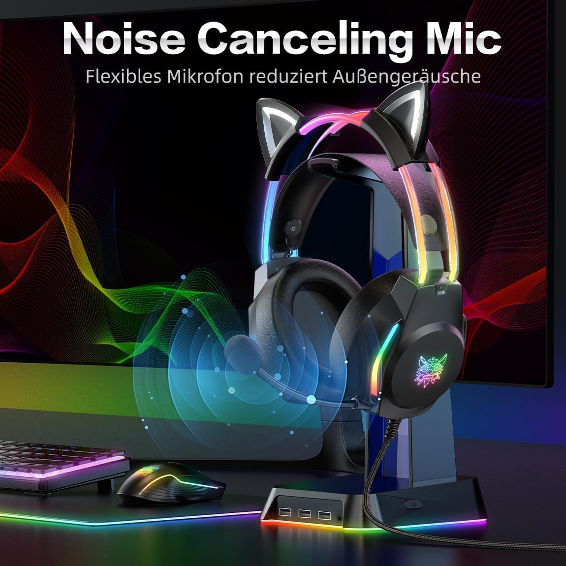 Gaming-Headset mit Katzenohren auf Ständer, bunte LEDs, Mikrofon, Maus und Tastatur.