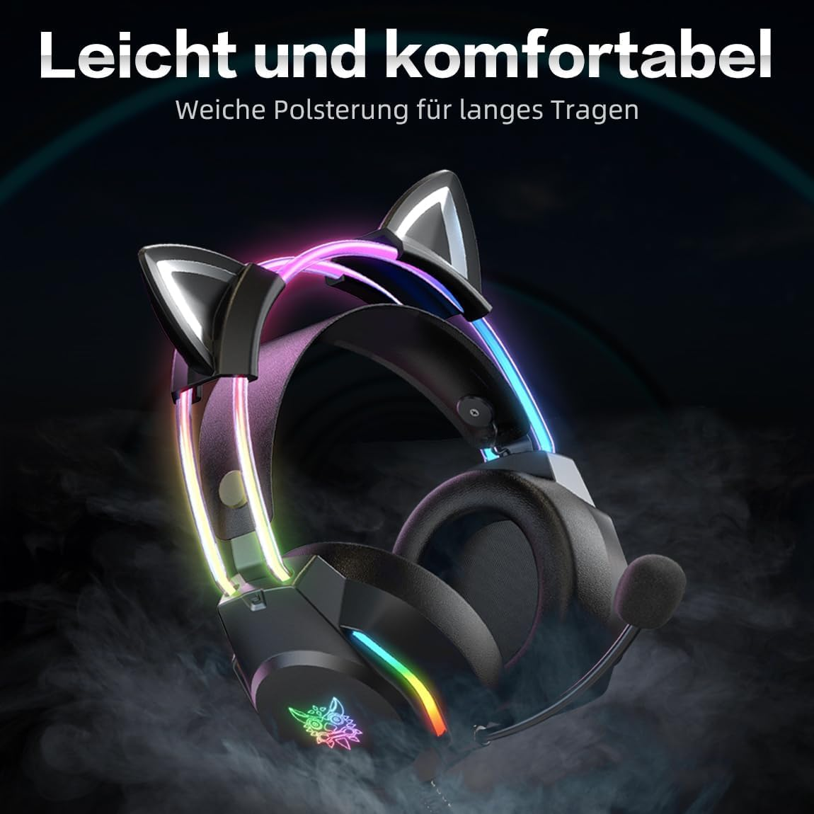 Schwarzer Kopfhörer mit Ohren und RGB-Lichteffekten auf dunklem Hintergrund.