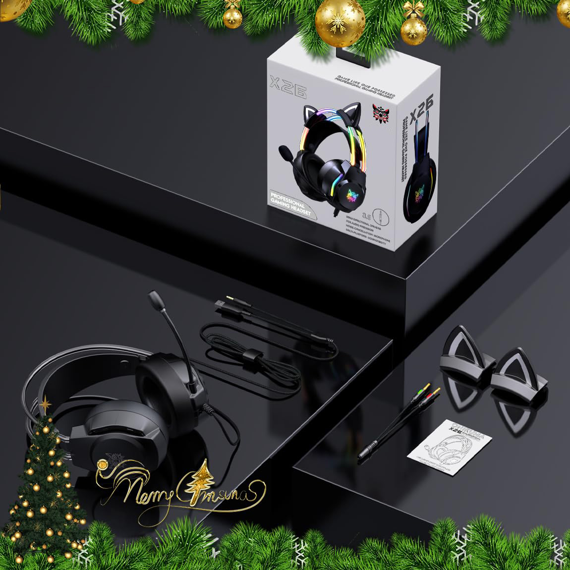 Schwarzes Gaming-Headset mit Katzenohren, Box und Zubehör, umgeben von Weihnachtsdekoration.
