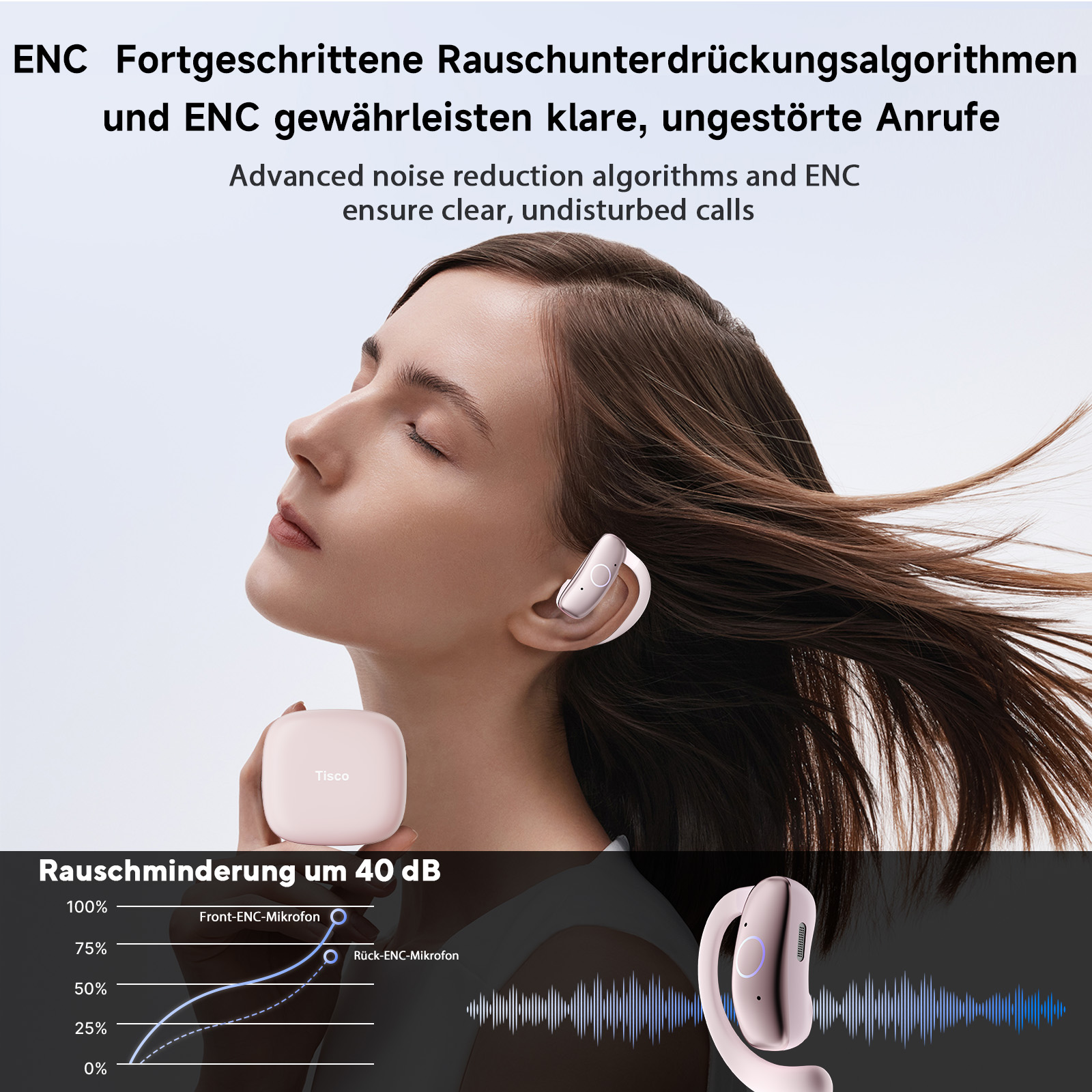 Eine Frau mit einem rosa Ohrhörer und Ladecase. Grafik zeigt Rauschunterdrückung.