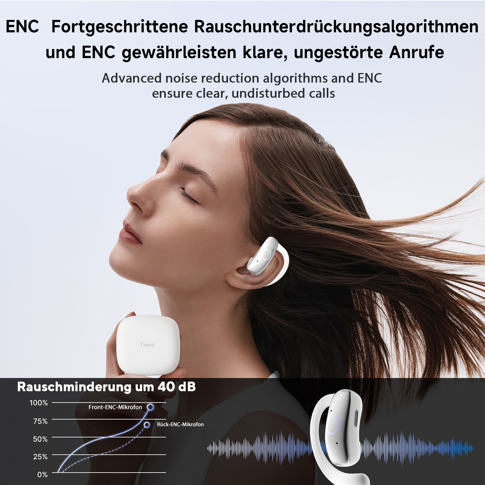 Frau mit weißem Earbud und Ladecase. Grafik zeigt Rauschunterdrückung.
