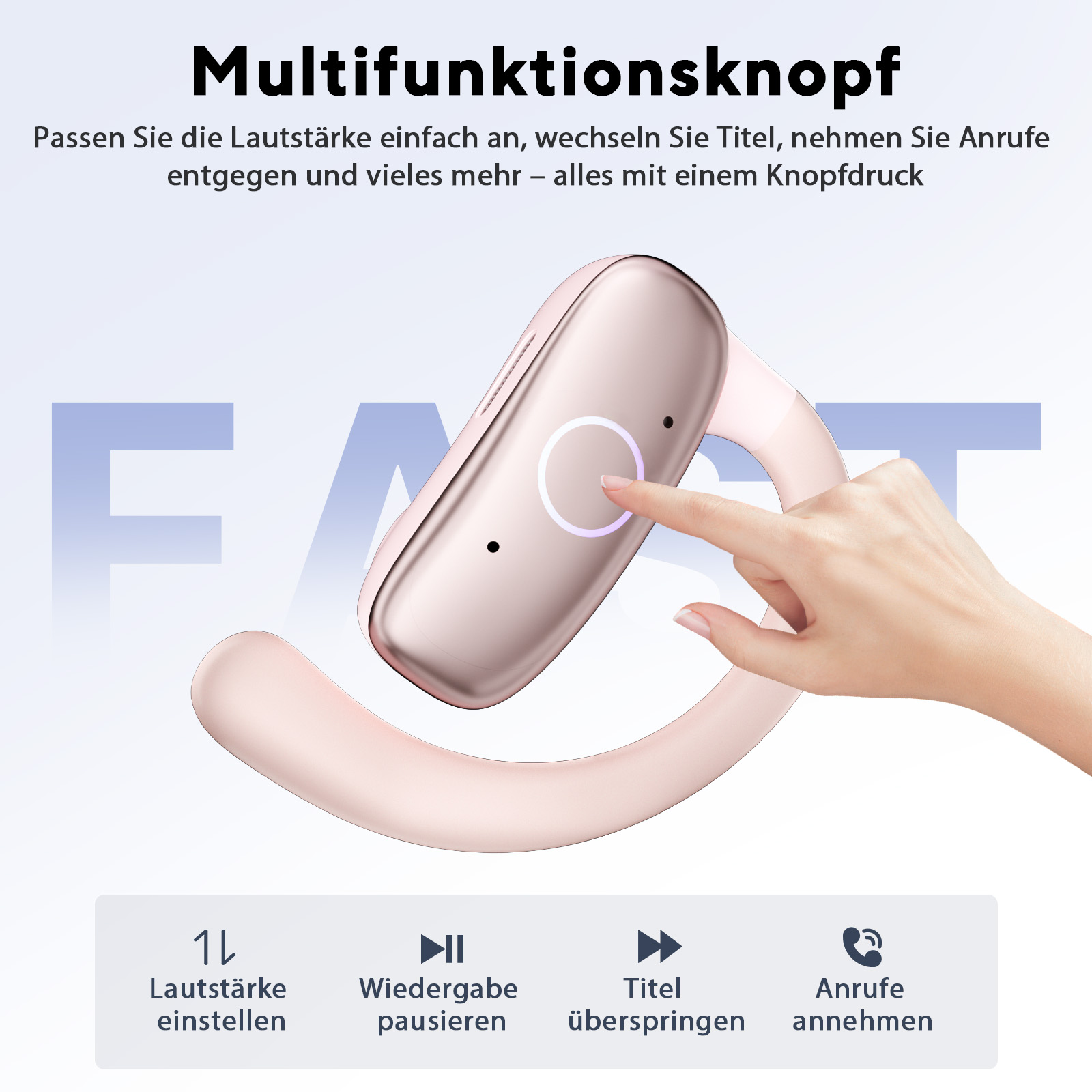Ein Finger drückt auf einen rosafarbenen Knopf an einem Kopfhörer.