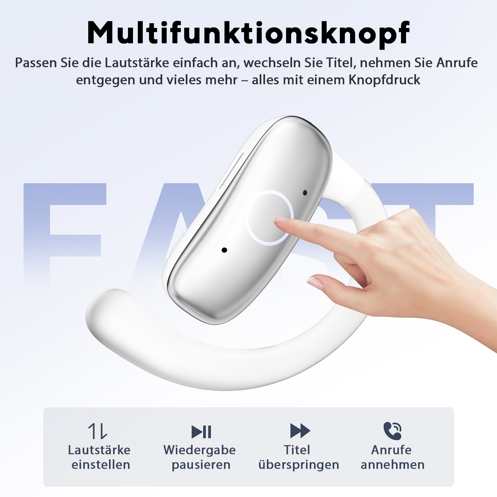 Eine Hand tippt auf einen weißen Mehrzweckknopf, der Funktionen wie Lautstärke und Anrufe steuert.