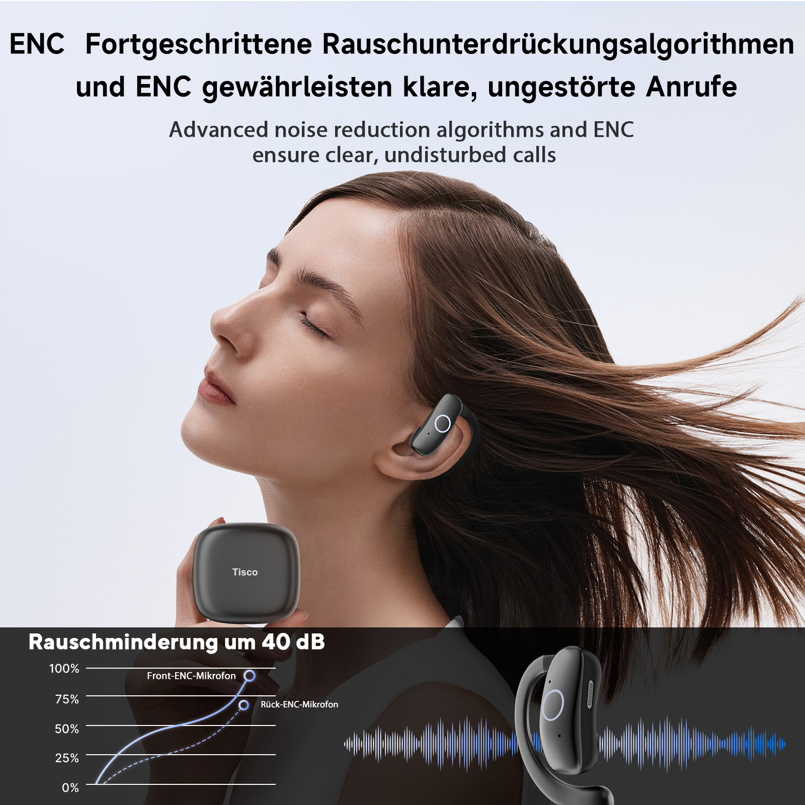 Frau mit kabellosen Kopfhörern und Ladecase. Anzeige zeigt Rauschunterdrückung.