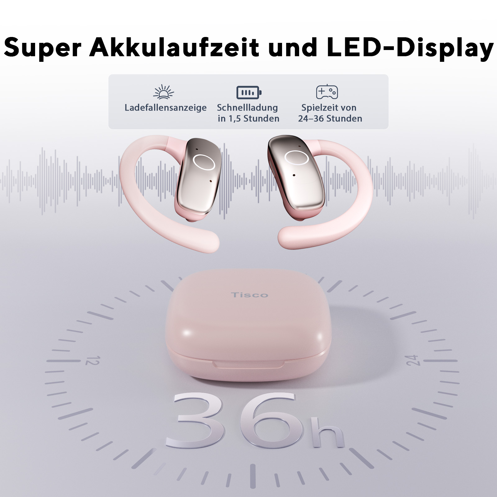 Rosa Kopfhörer mit Ladecase, Akkulaufzeit 24-36 Stunden.
