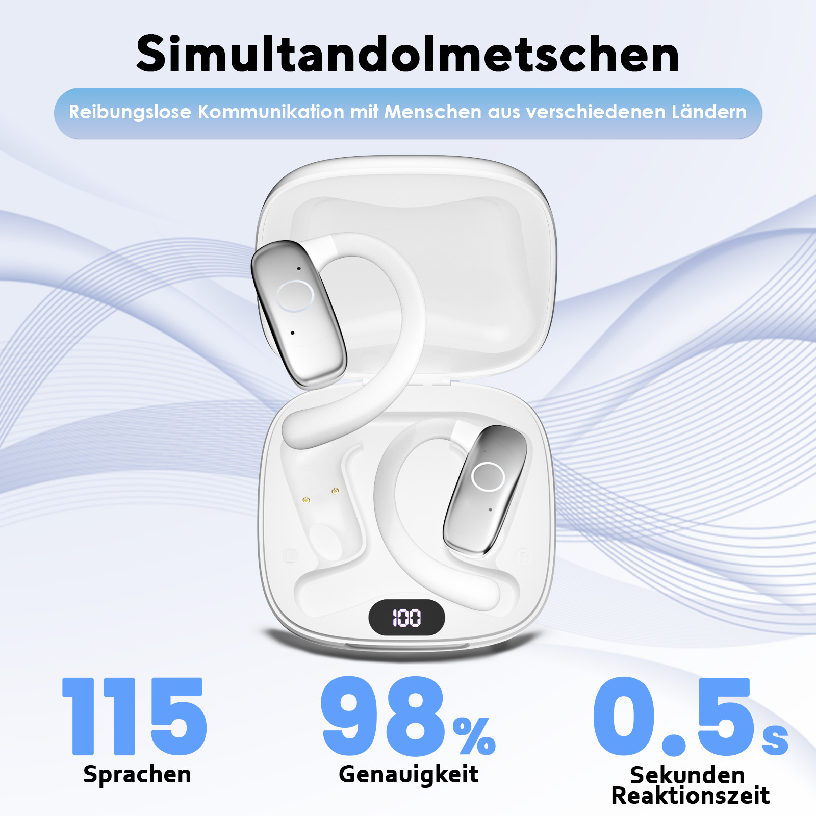 Weiße kabellose Ohrhörer in einem offenen Ladecase mit Text über Simultanübersetzung.