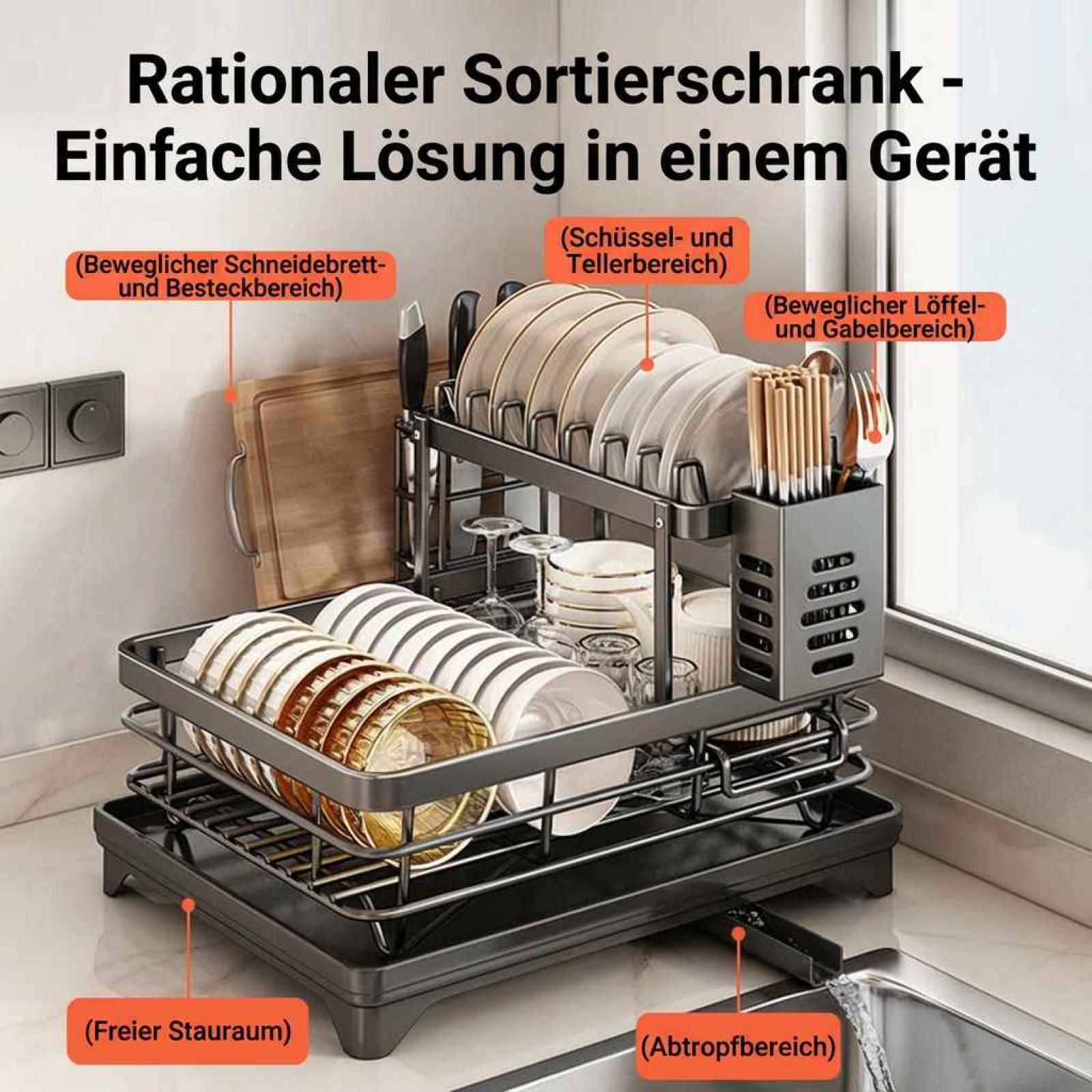 Ein Geschirr- und Besteckständer mit mehreren Ebenen, der in einer Küche steht.