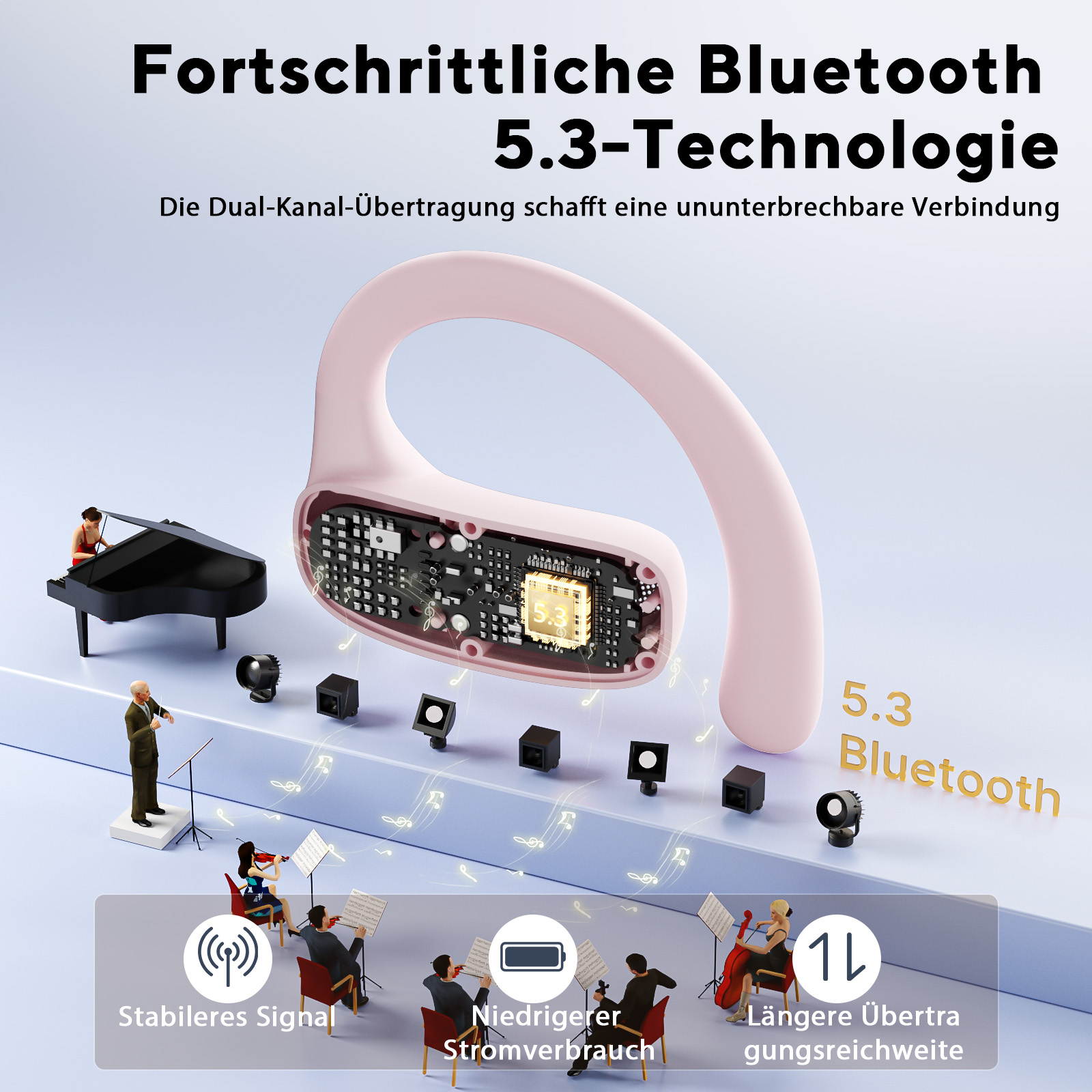 Ein rosa Bluetooth-Kopfhörer mit offenem Gehäuse, der eine Schaltung zeigt.